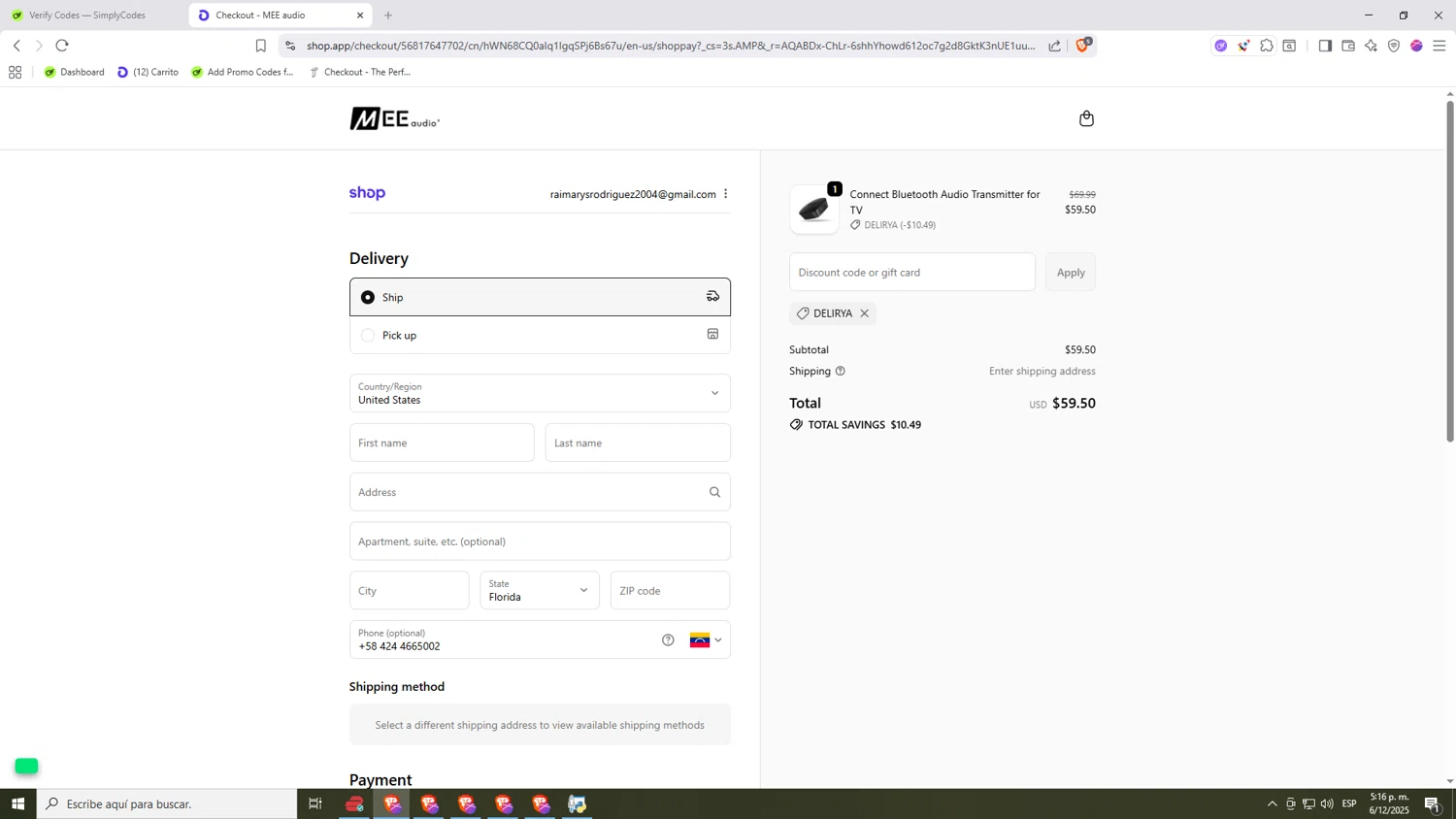 MEE Audio discount code screenshot showing code DELIRYA applied at MEE Audio checkout page. Uploaded by SimplyCodes community member Nezukooo on Dec 6, 2025