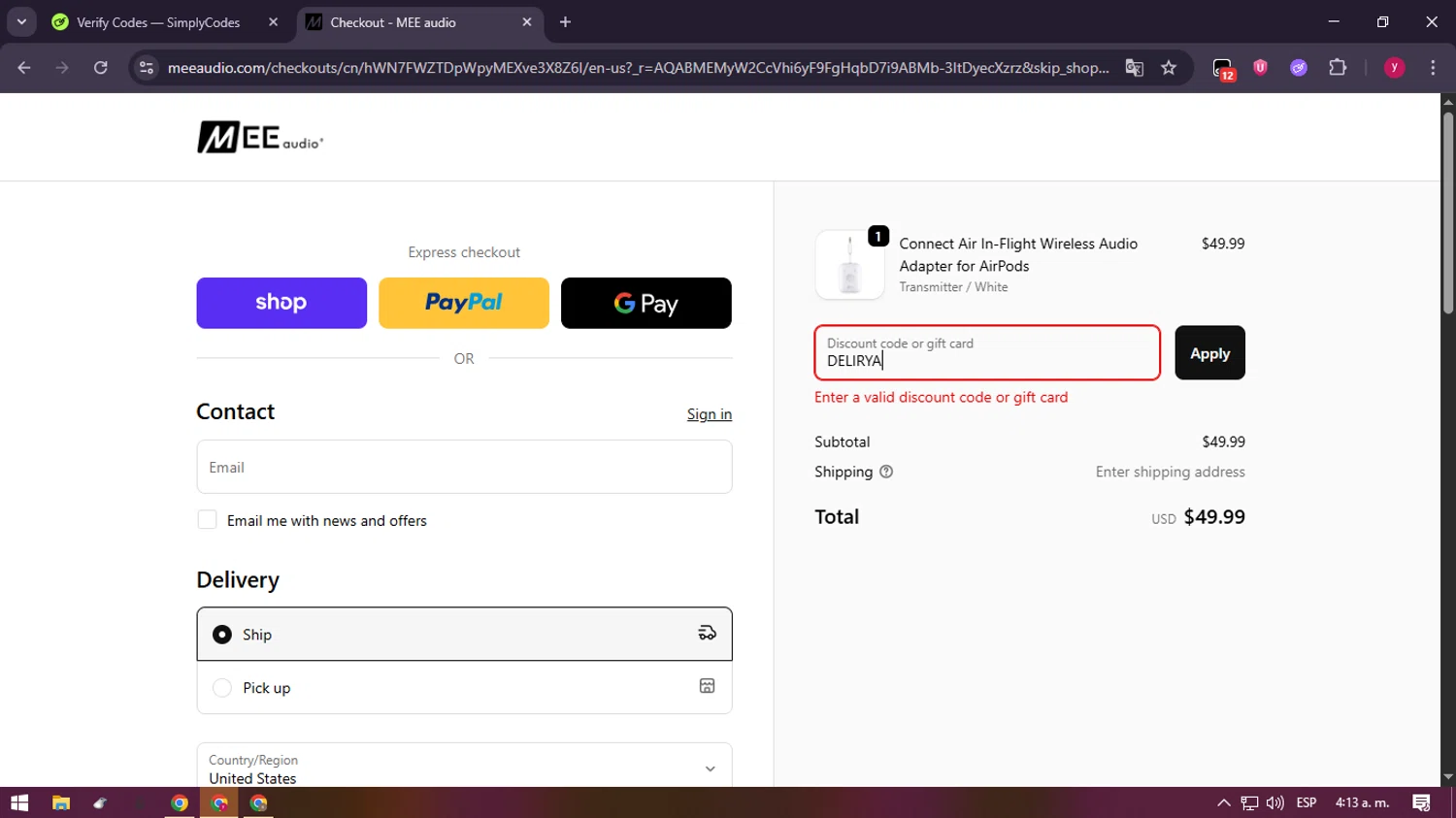 MEE Audio discount code screenshot showing code DELIRYA applied at MEE Audio checkout page. Uploaded by SimplyCodes community member ValiantFox2134 on Jan 5, 2026