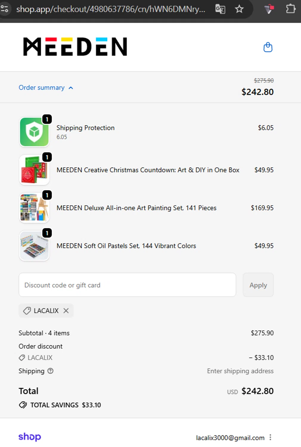 MEEDEN ART discount code screenshot showing code LACALIX applied at MEEDEN ART checkout page. Uploaded by SimplyCodes community member LaCalix3000 on Dec 9, 2025