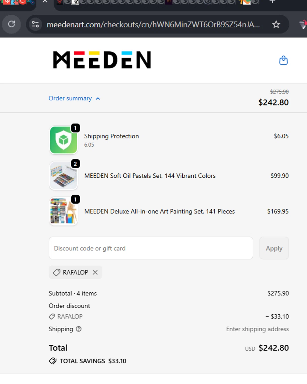 MEEDEN ART discount code screenshot showing code RAFALOP applied at MEEDEN ART checkout page. Uploaded by SimplyCodes community member RafaLB on Dec 13, 2025