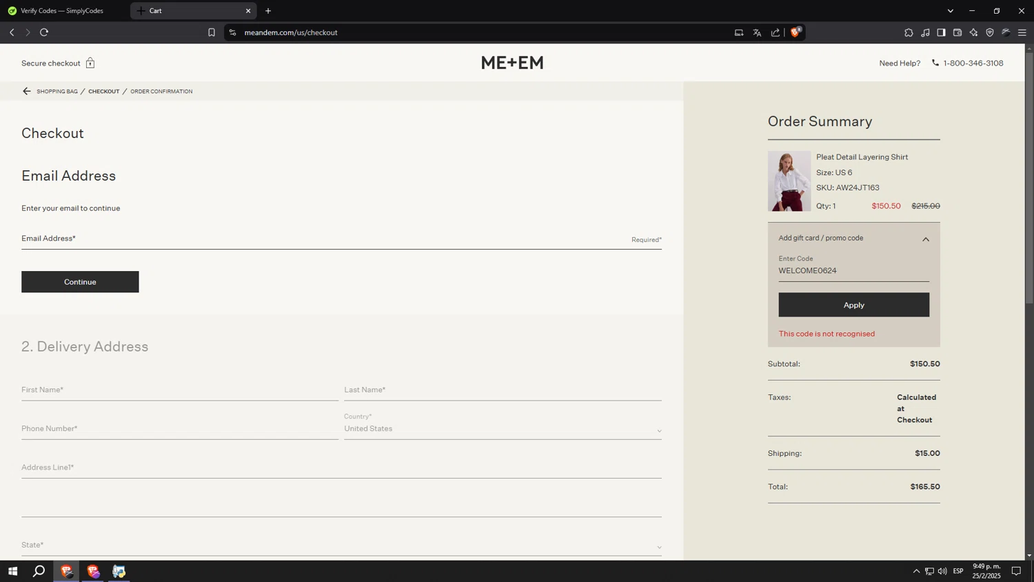 ME+EM promo code screenshot showing code WELCOME0624 applied at ME+EM checkout page. Uploaded by SimplyCodes community member sssssssssssssssssss on Feb 26, 2025