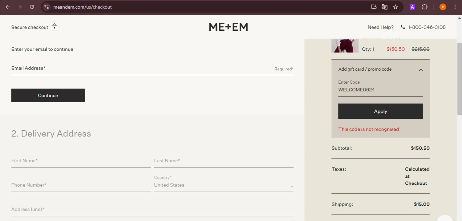 ME+EM promo code screenshot showing code WELCOME0624 applied at ME+EM checkout page. Uploaded by SimplyCodes community member NobleElite1598 on Feb 26, 2025