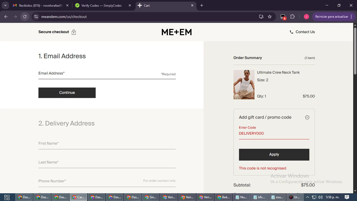 ME+EM promo code screenshot showing code DELIVERY000 applied at ME+EM checkout page. Uploaded by SimplyCodes community member WisePro3739 on Oct 14, 2025