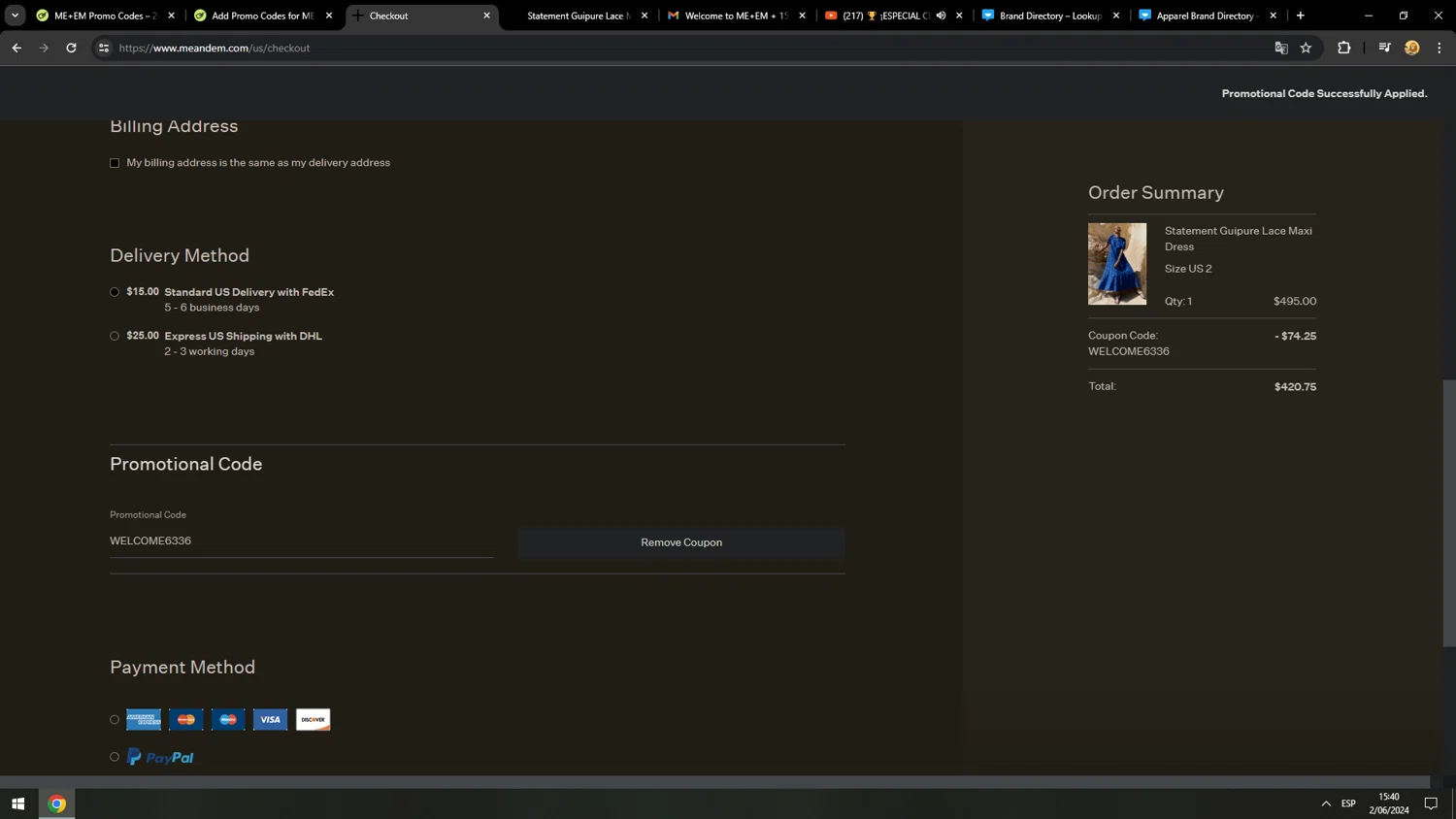 ME+EM promo code screenshot showing code WELCOME6336 applied at ME+EM checkout page. Uploaded by SimplyCodes community member MarcosAranguren on Jun 2, 2024