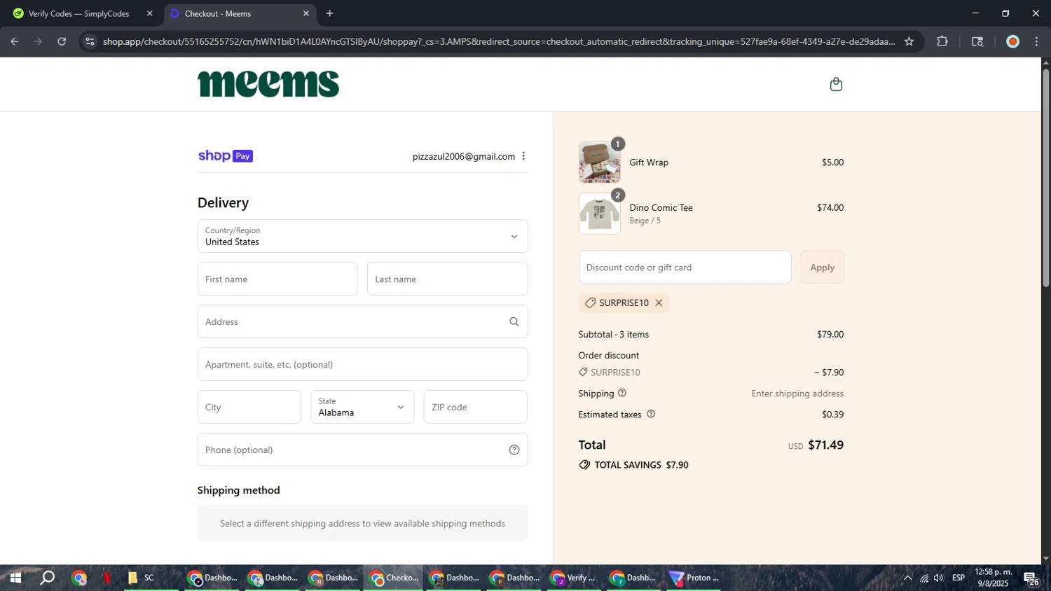 Meems promo code screenshot showing code SURPRISE10 applied at Meems checkout page. Uploaded by SimplyCodes community member BonusCaptain9927 on Aug 9, 2025