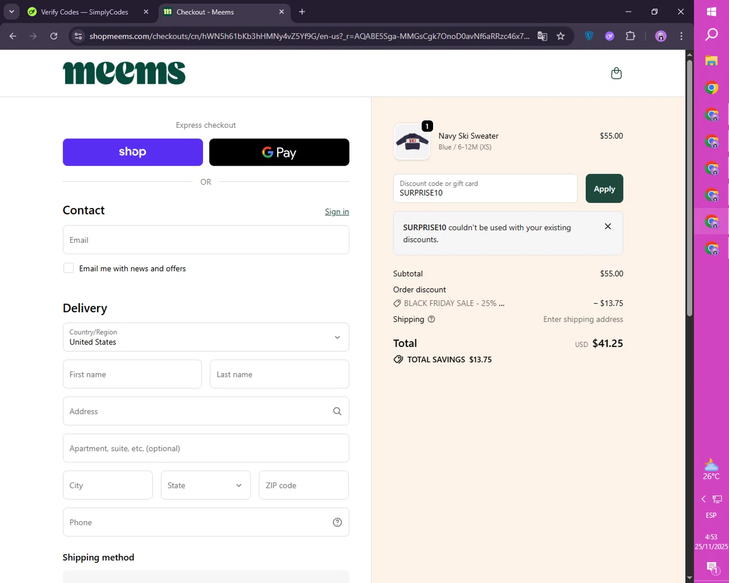 Meems promo code screenshot showing code SURPRISE10 applied at Meems checkout page. Uploaded by SimplyCodes community member FortunateScholar4524 on Nov 25, 2025