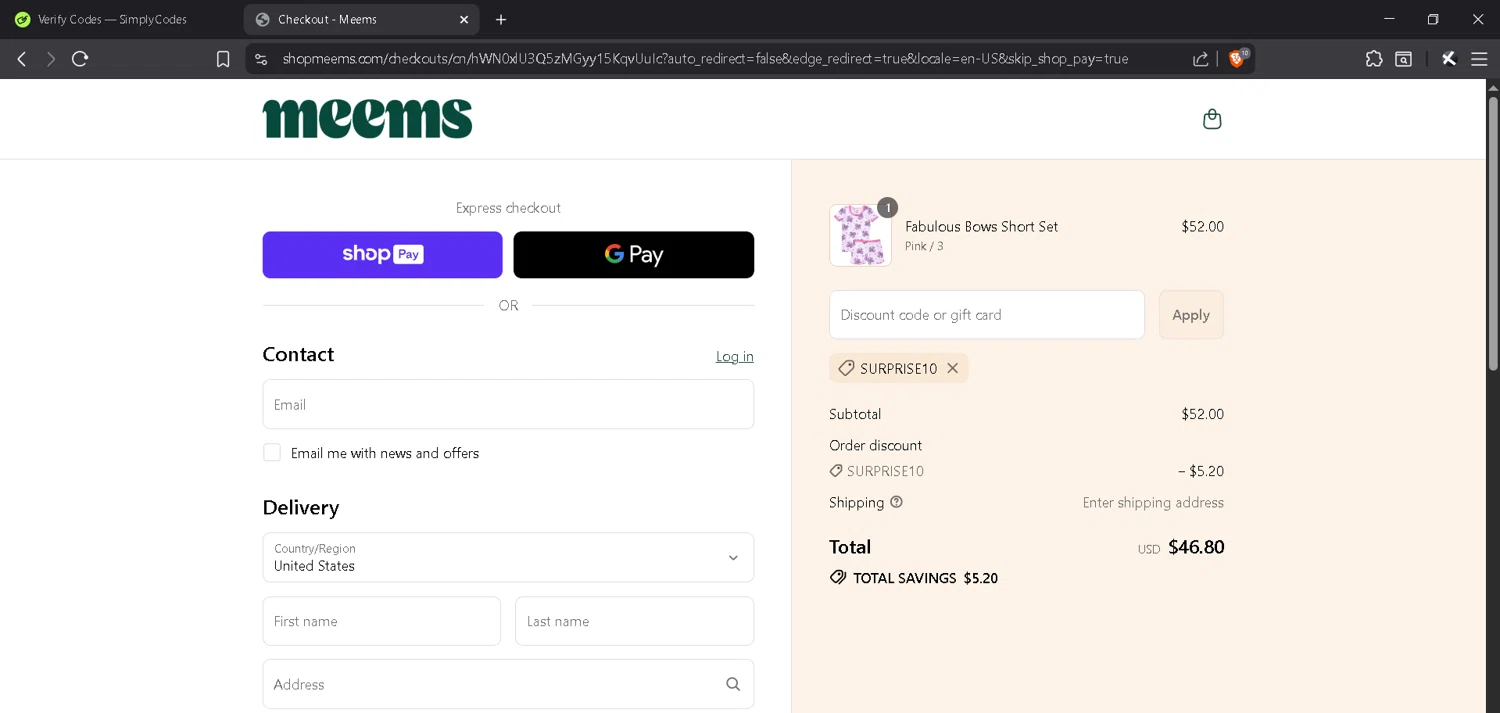 Meems promo code screenshot showing code SURPRISE10 applied at Meems checkout page. Uploaded by SimplyCodes community member MadaraUchiha07 on Jul 23, 2025