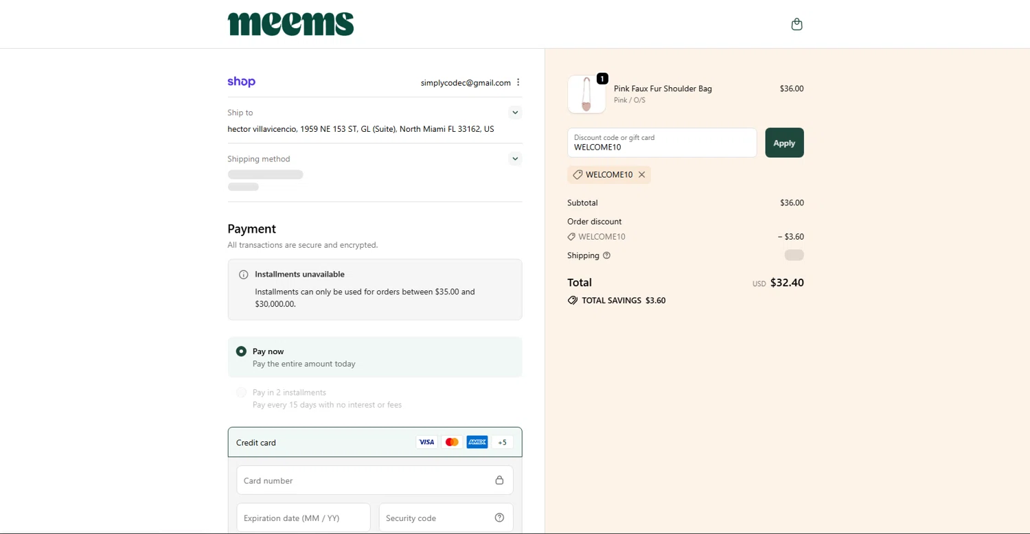 Meems promo code screenshot showing code WELCOME10 applied at Meems checkout page. Uploaded by SimplyCodes community member MasterKing on Sep 21, 2025