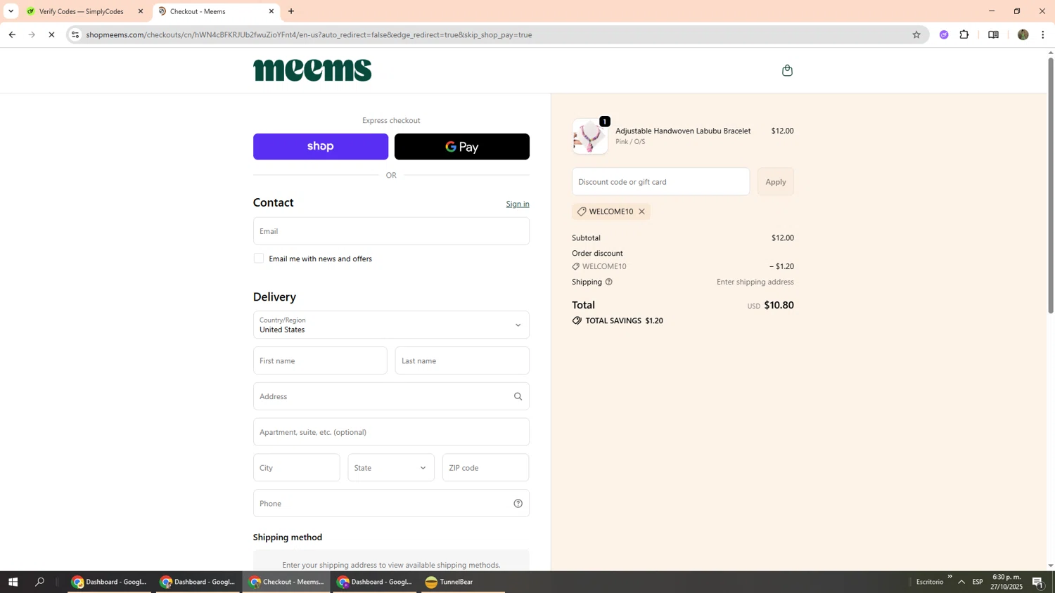 Meems promo code screenshot showing code WELCOME10 applied at Meems checkout page. Uploaded by SimplyCodes community member Phoenix585 on Oct 27, 2025