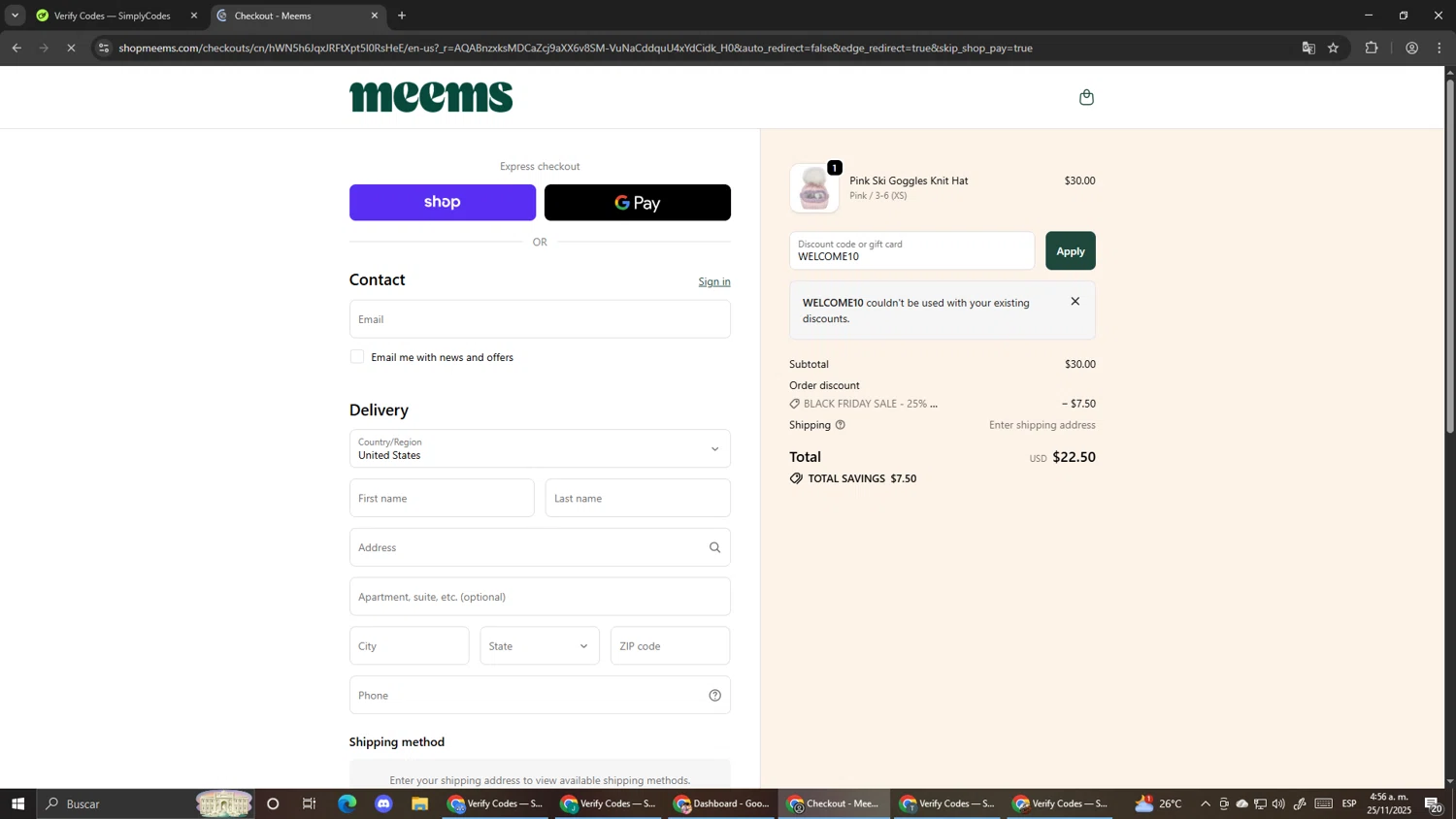 Meems promo code screenshot showing code WELCOME10 applied at Meems checkout page. Uploaded by SimplyCodes community member Pirlo420 on Nov 25, 2025