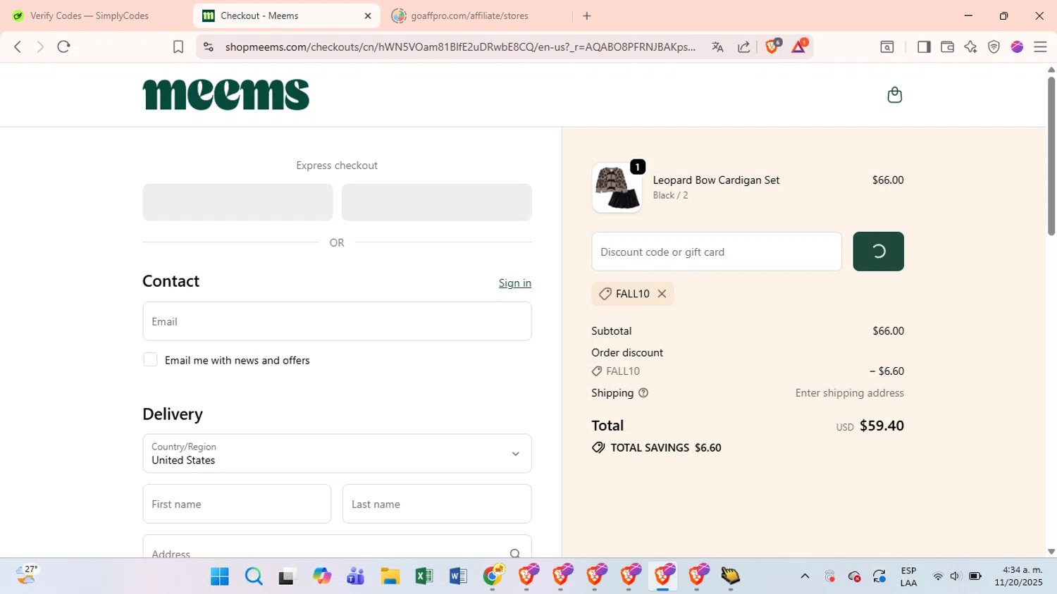 Meems promo code screenshot showing code FALL10 applied at Meems checkout page. Uploaded by SimplyCodes community member VictoriousSage6771 on Nov 20, 2025