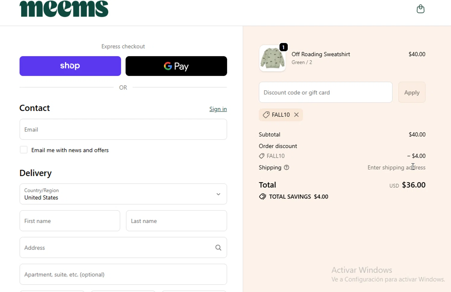 Meems promo code screenshot showing code FALL10 applied at Meems checkout page. Uploaded by SimplyCodes community member WonderW on Oct 7, 2025