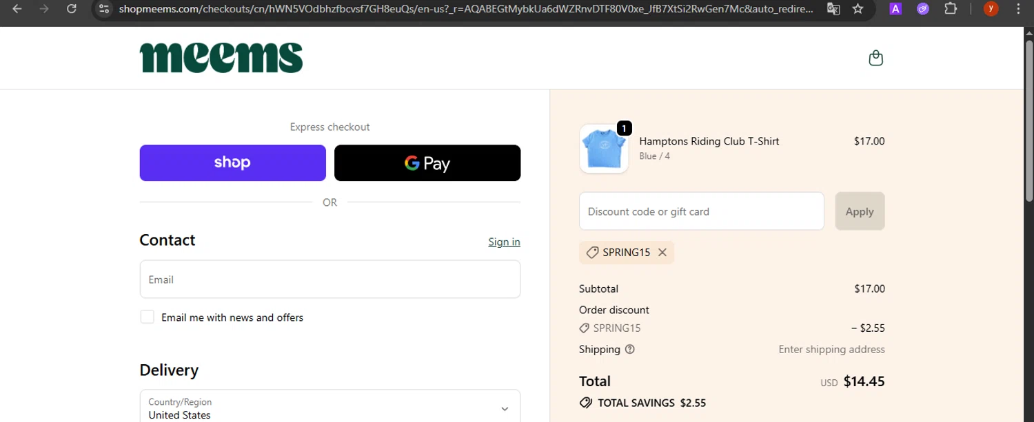 Meems promo code screenshot showing code SPRING15 applied at Meems checkout page. Uploaded by SimplyCodes community member CrownTiger7501 on Nov 20, 2025