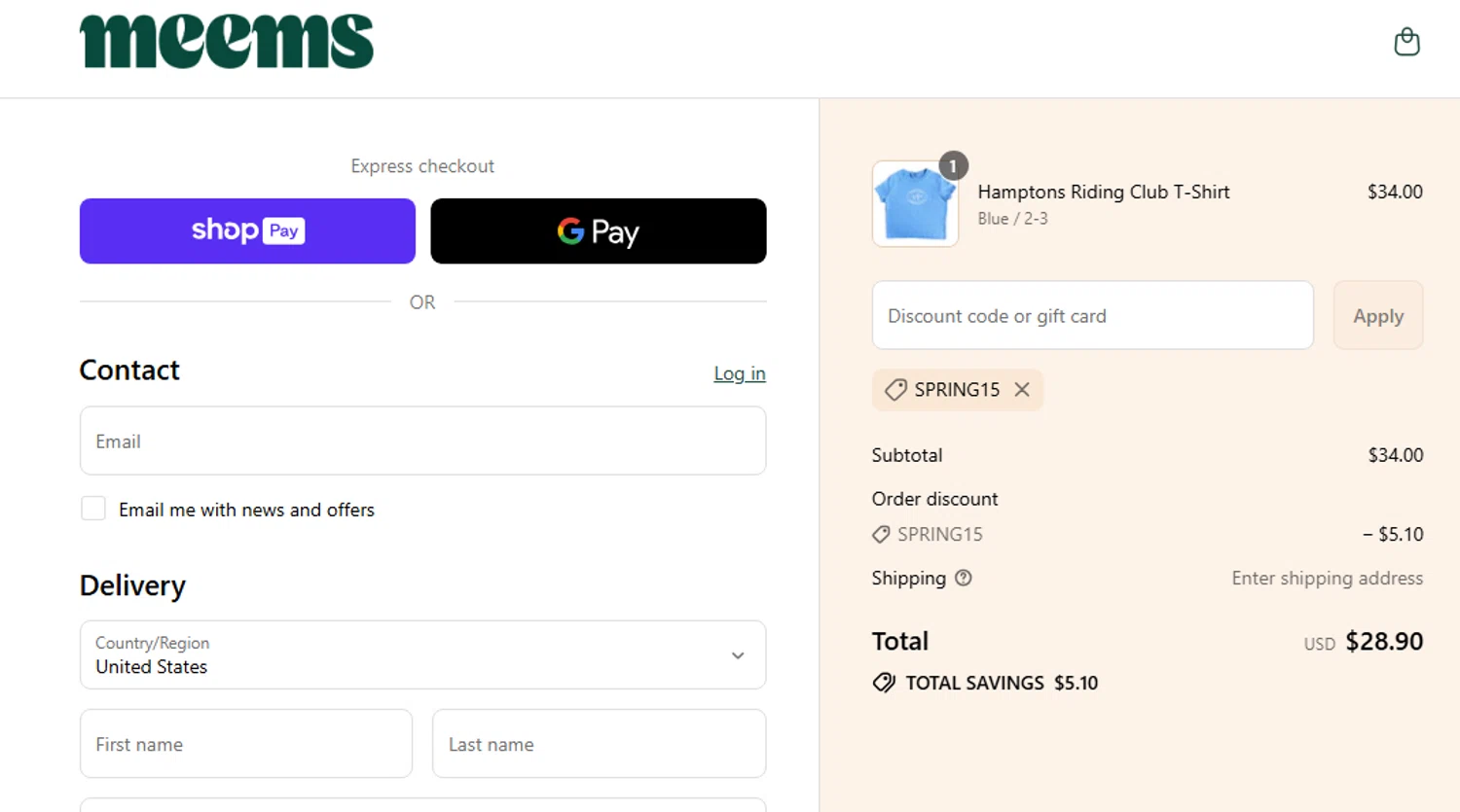 Meems promo code screenshot showing code SPRING15 applied at Meems checkout page. Uploaded by SimplyCodes community member PennyScout6137 on Aug 9, 2025