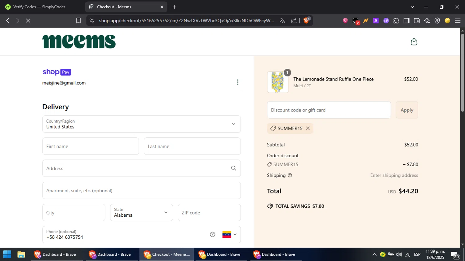 Meems promo code screenshot showing code SUMMER15 applied at Meems checkout page. Uploaded by SimplyCodes community member MoneyPilot9165 on Jun 19, 2025