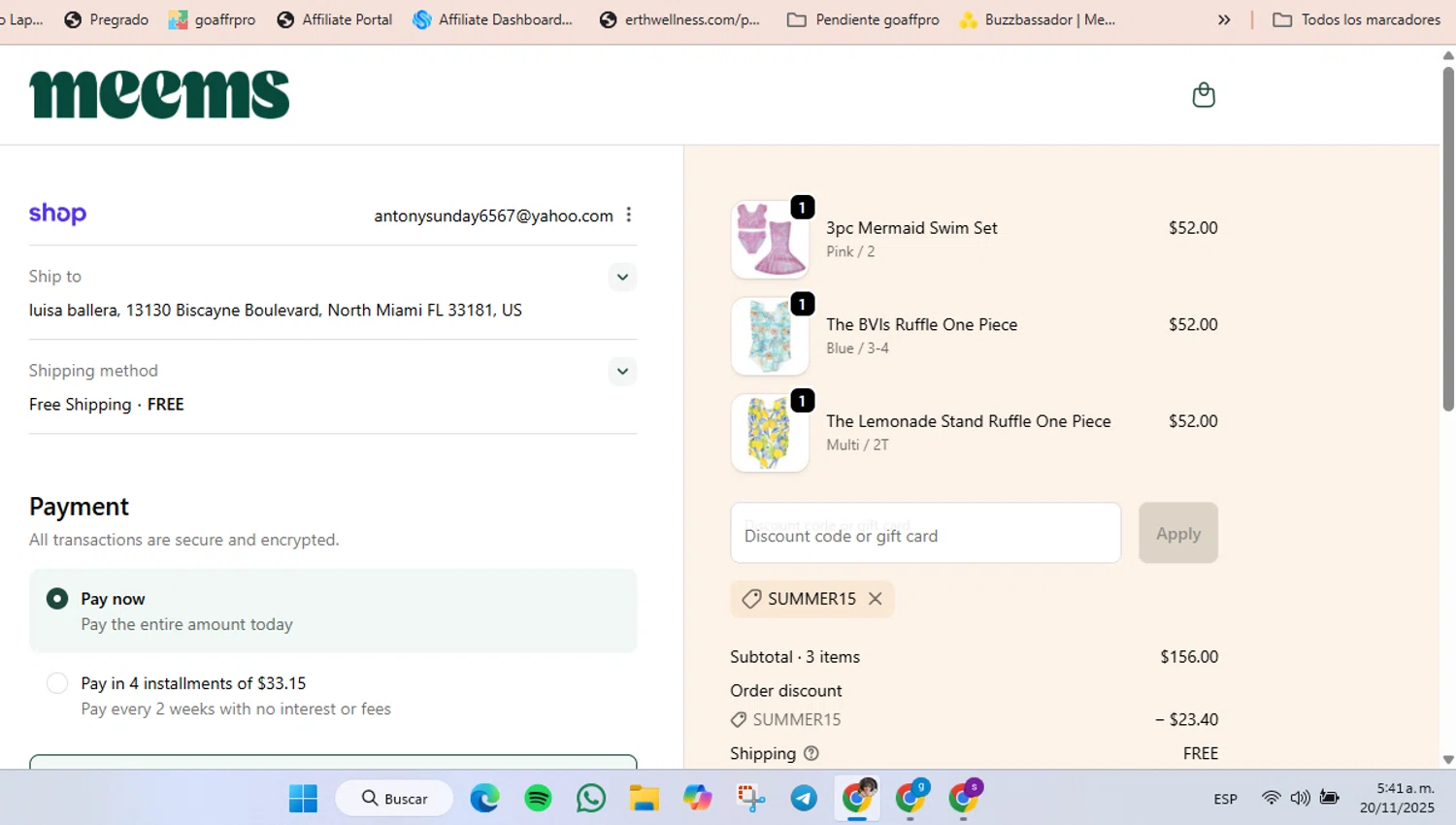 Meems promo code screenshot showing code SUMMER15 applied at Meems checkout page. Uploaded by SimplyCodes community member luisaballera on Nov 20, 2025