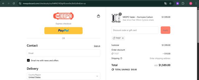 Meepo Board checkout page showing Meepo Board discount code box | Screenshot taken by SimplyCodes community member on Sep 15, 2025