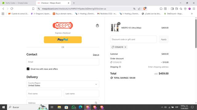 Meepo Board checkout page showing Meepo Board discount code box | Screenshot taken by SimplyCodes community member on Sep 15, 2025