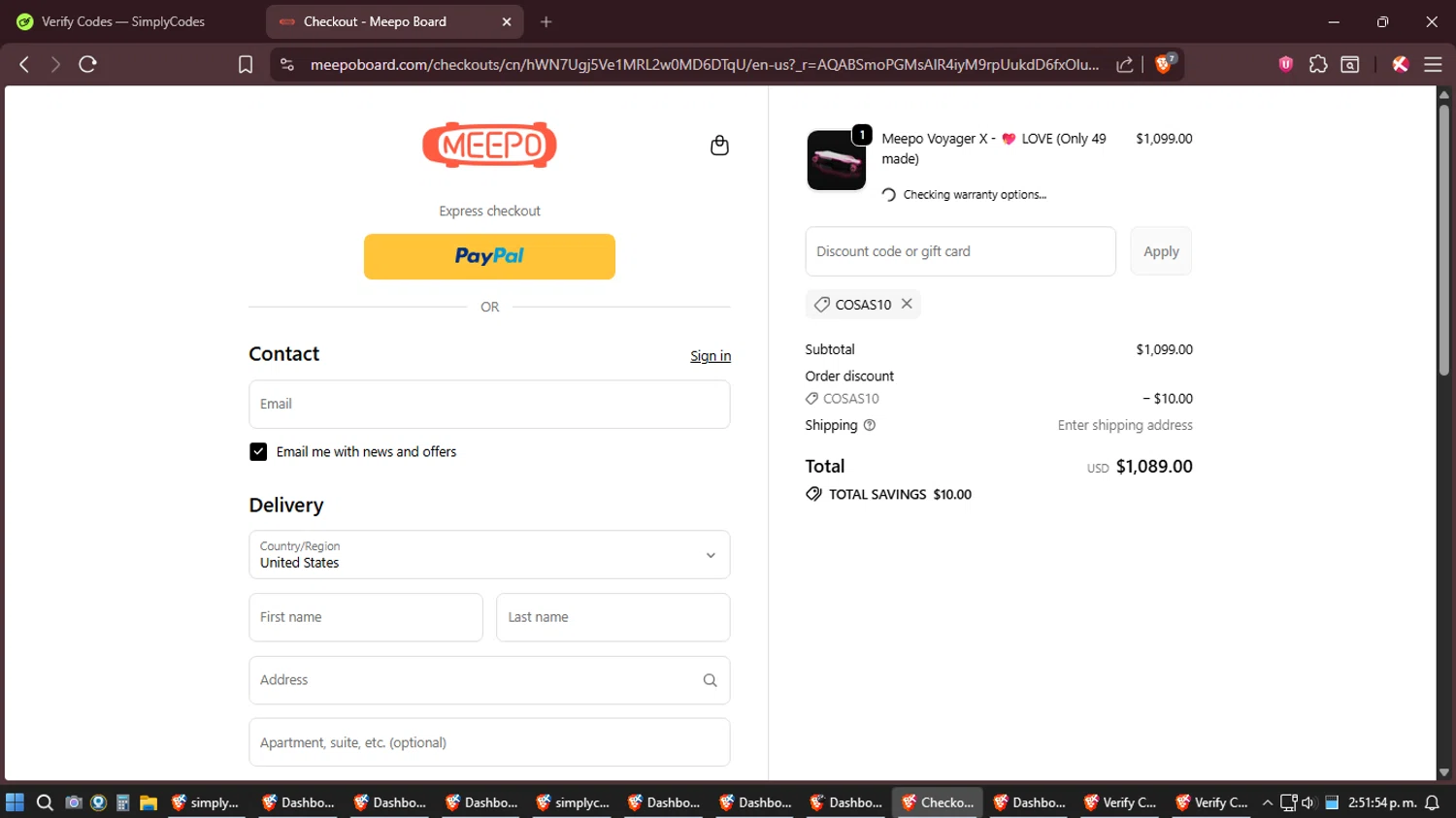 Meepo Board promo code screenshot showing code COSAS10 applied at Meepo Board checkout page. Uploaded by SimplyCodes community member Shizuku on Jan 11, 2026