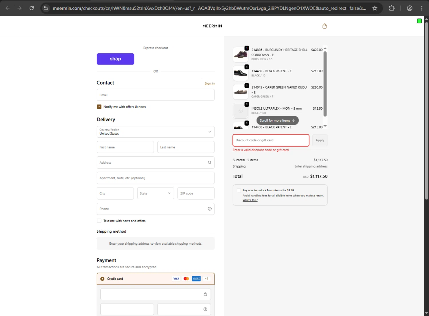 Meermin Shoes discount code screenshot showing code MEERMINAPP applied at Meermin Shoes checkout page. Uploaded by SimplyCodes community member gokuyvegetta on Feb 14, 2026