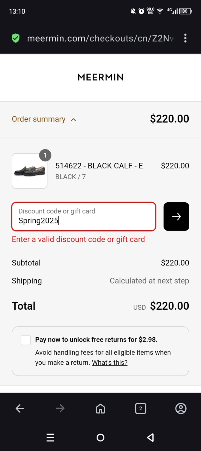 Meermin Shoes discount code screenshot showing code Spring2025 applied at Meermin Shoes checkout page. Uploaded by SimplyCodes community member Olivatle37 on Jun 5, 2025