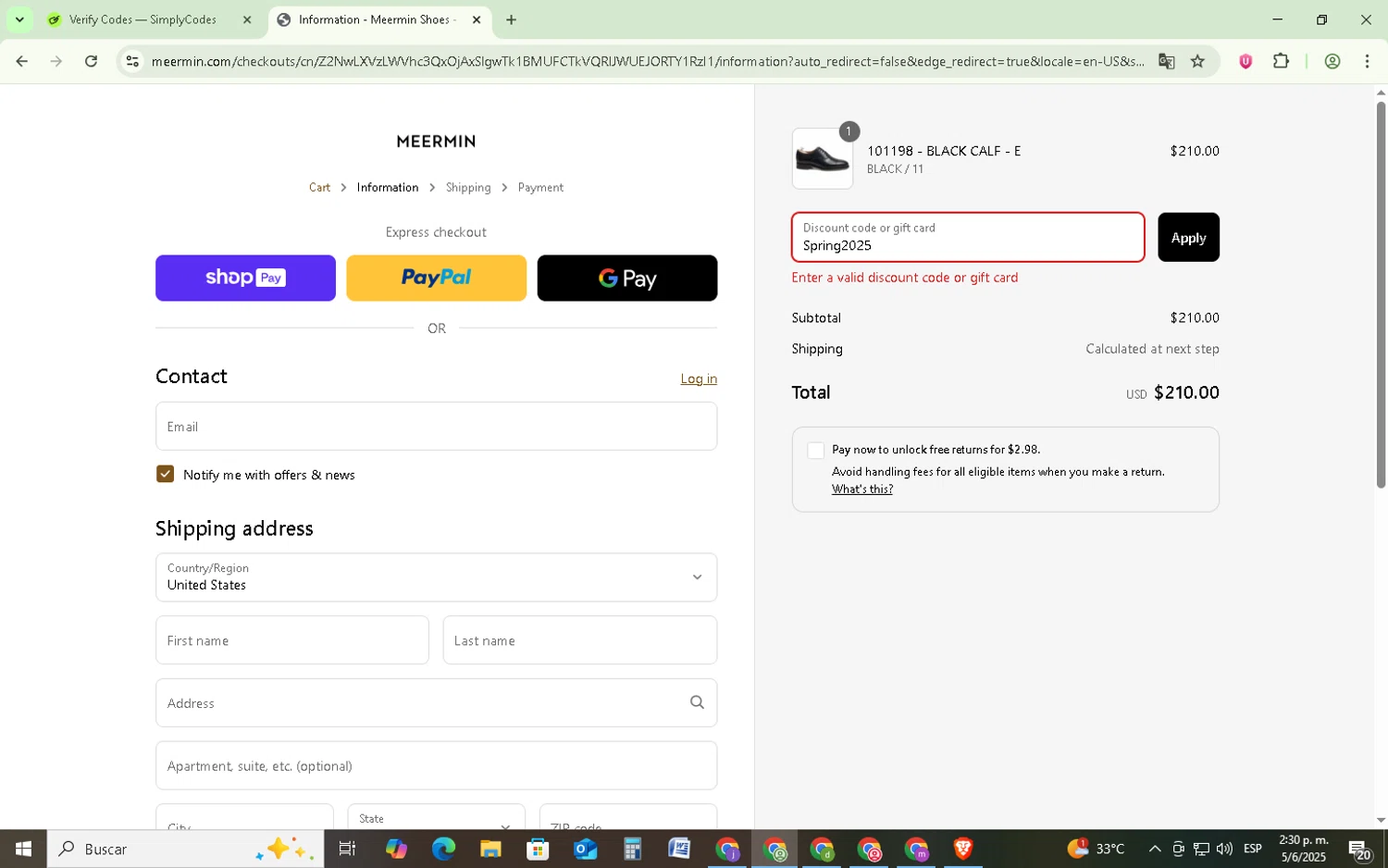 Meermin Shoes discount code screenshot showing code Spring2025 applied at Meermin Shoes checkout page. Uploaded by SimplyCodes community member RebateCollector5909 on Jun 5, 2025