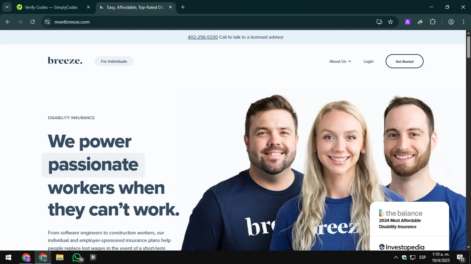 Breeze promo code screenshot showing code WELCOME10 applied at Breeze checkout page. Uploaded by SimplyCodes community member CrownHero8789 on Apr 10, 2025