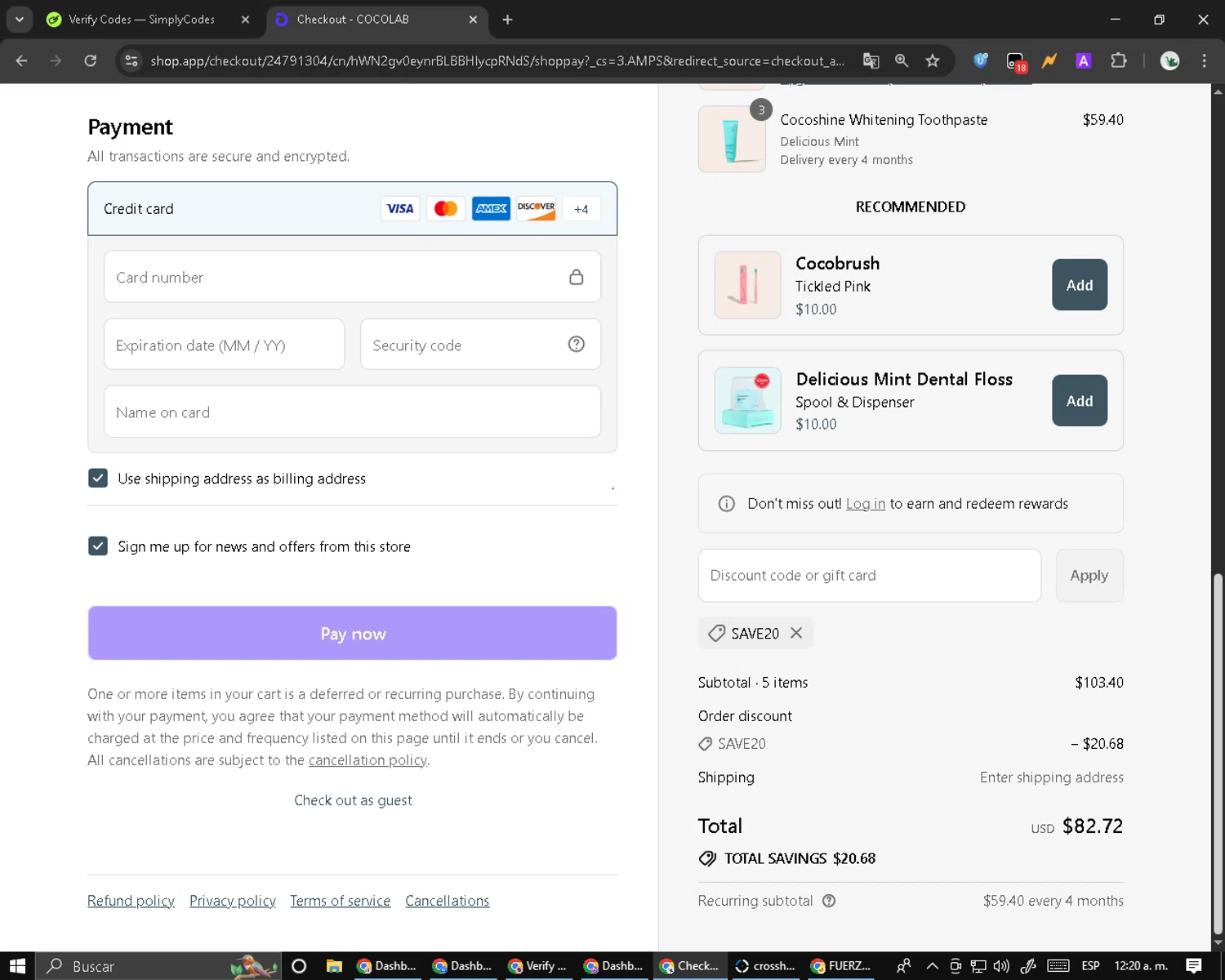 Cocolab promo code screenshot showing code SAVE20 applied at Cocolab checkout page. Uploaded by SimplyCodes community member RebateCaptain6440 on Sep 7, 2025