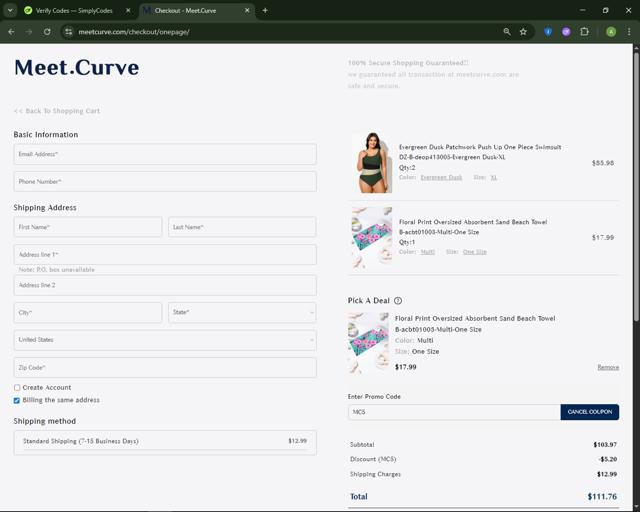 Meet.Curve checkout page showing Meet.Curve coupon code box | Screenshot taken by SimplyCodes community member on Aug 13, 2025