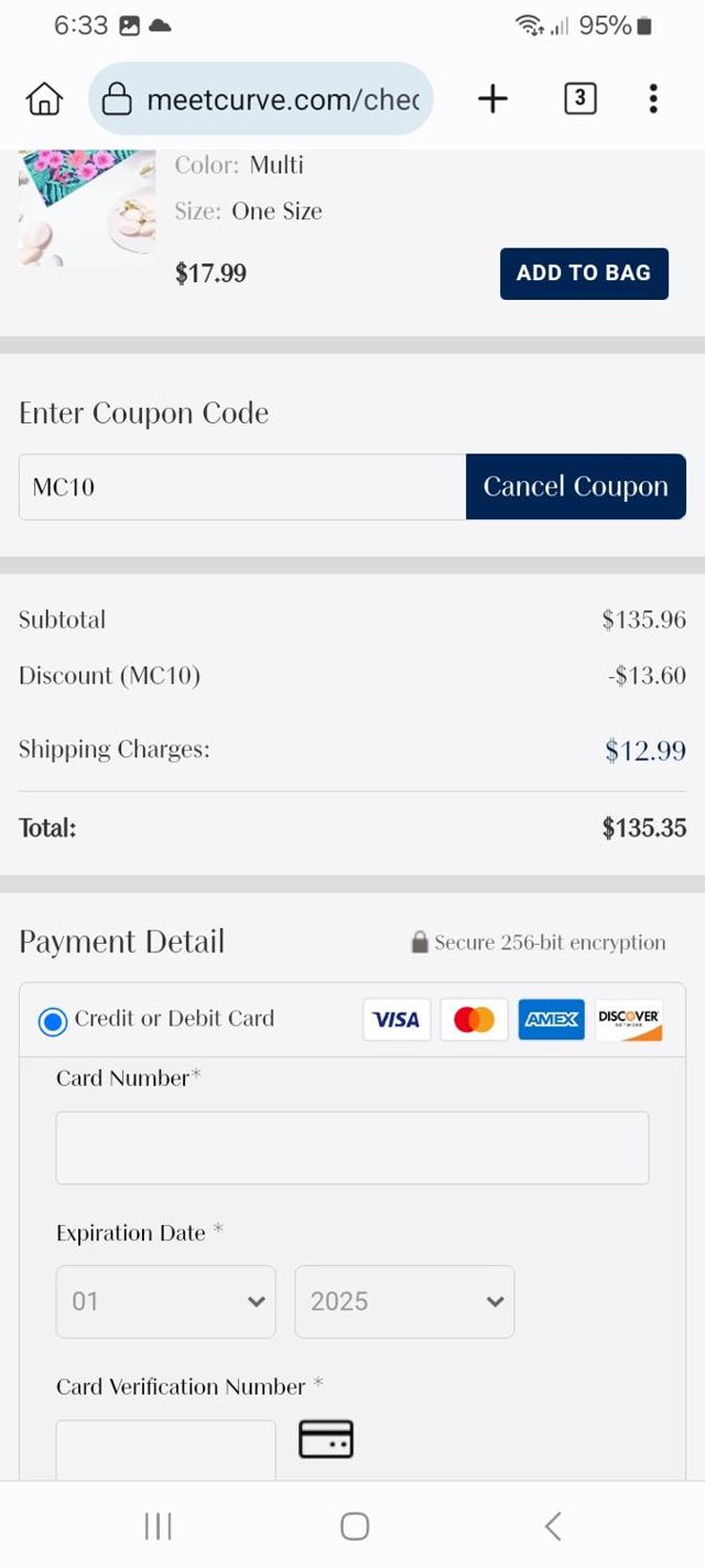 Meet.Curve checkout page showing Meet.Curve coupon code box | Screenshot taken by SimplyCodes community member on Sep 2, 2025