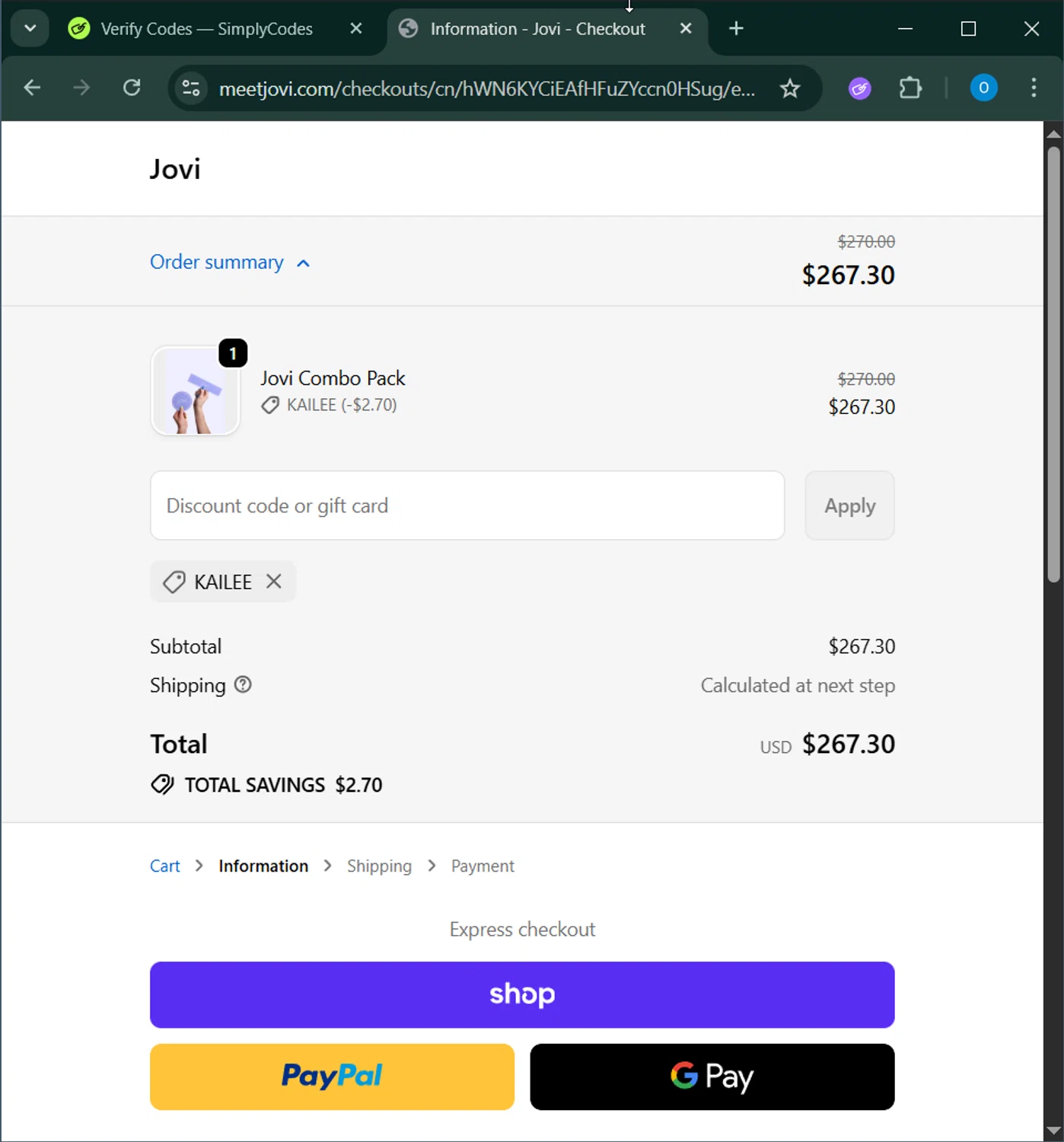 Jovi discount code screenshot showing code Kailee applied at Jovi checkout page. Uploaded by SimplyCodes community member GoldChaser6627 on Dec 12, 2025