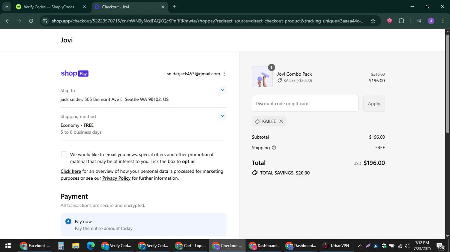 Jovi discount code screenshot showing code Kailee applied at Jovi checkout page. Uploaded by SimplyCodes community member sniderjack453 on Jul 23, 2025