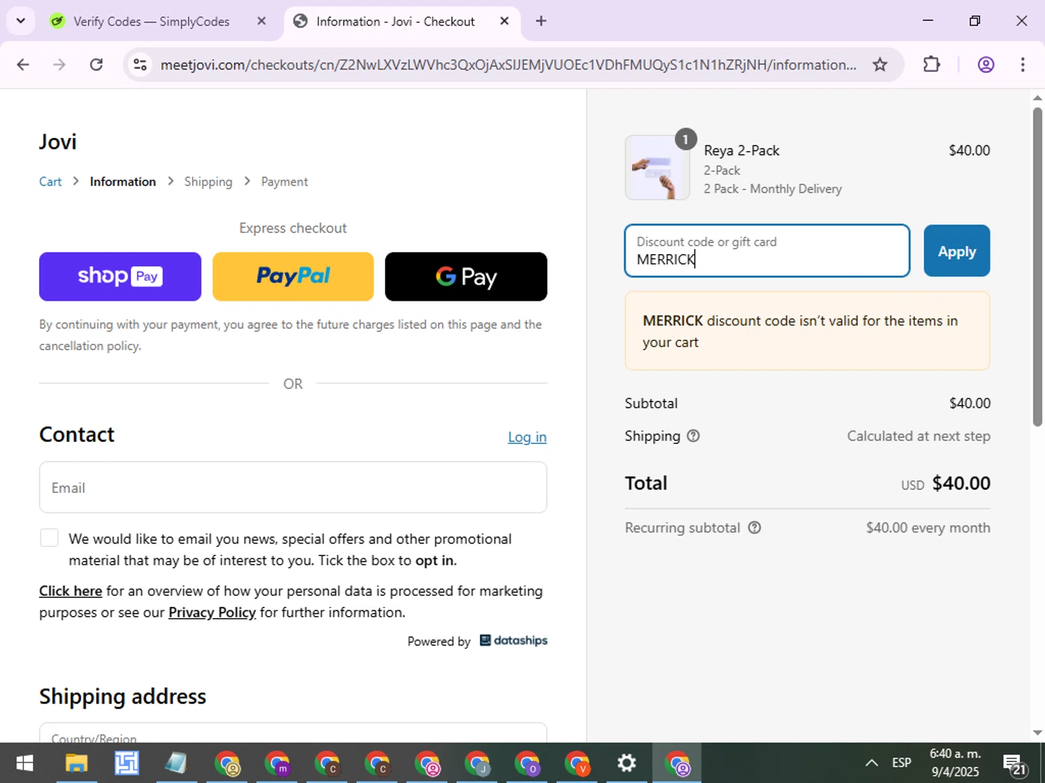 Jovi discount code screenshot showing code MERRICK applied at Jovi checkout page. Uploaded by SimplyCodes community member ExtraordinaryPro8536 on Apr 9, 2025