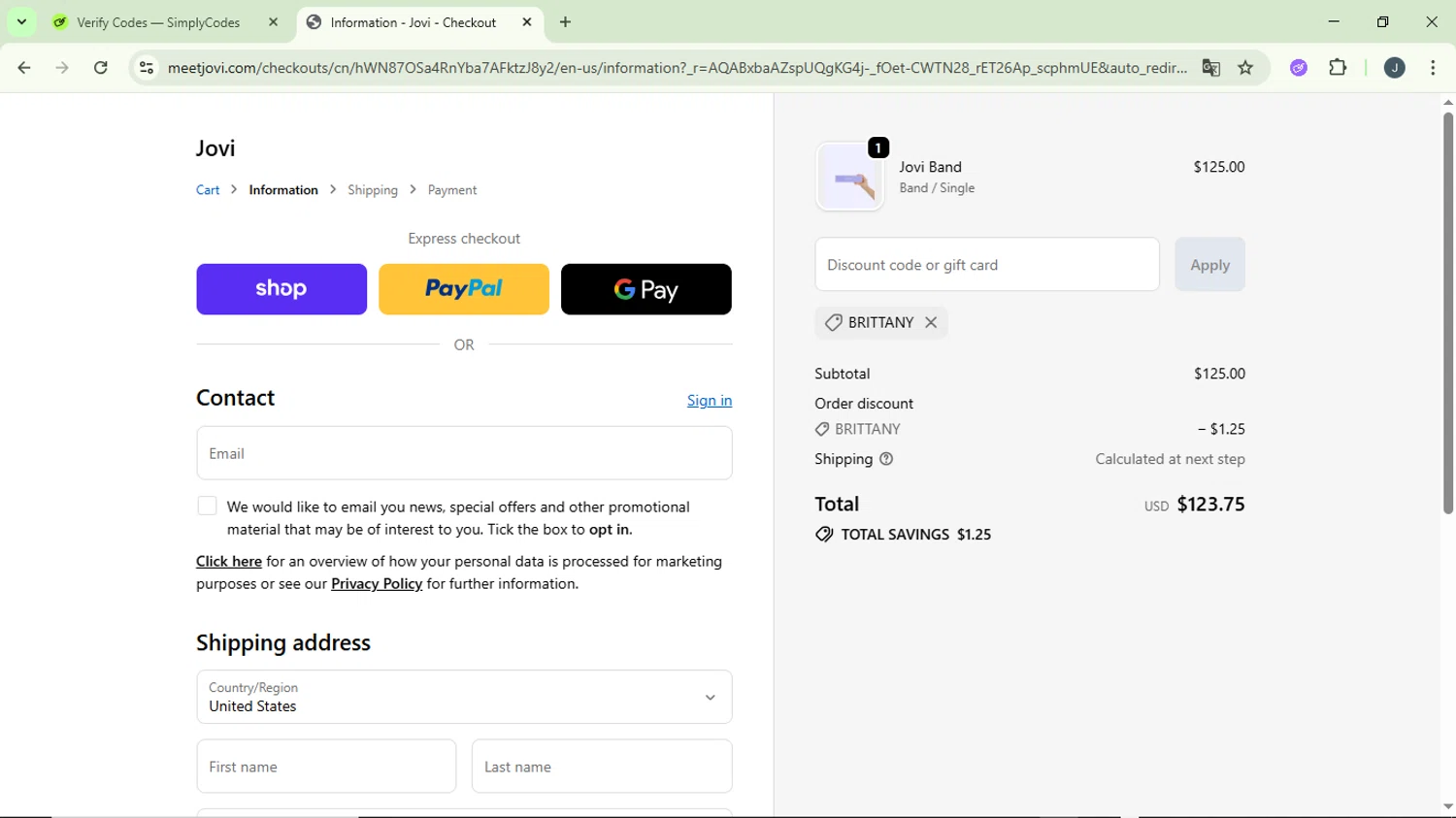 Jovi discount code screenshot showing code Brittany applied at Jovi checkout page. Uploaded by SimplyCodes community member GloriousCollector9930 on Jan 28, 2026