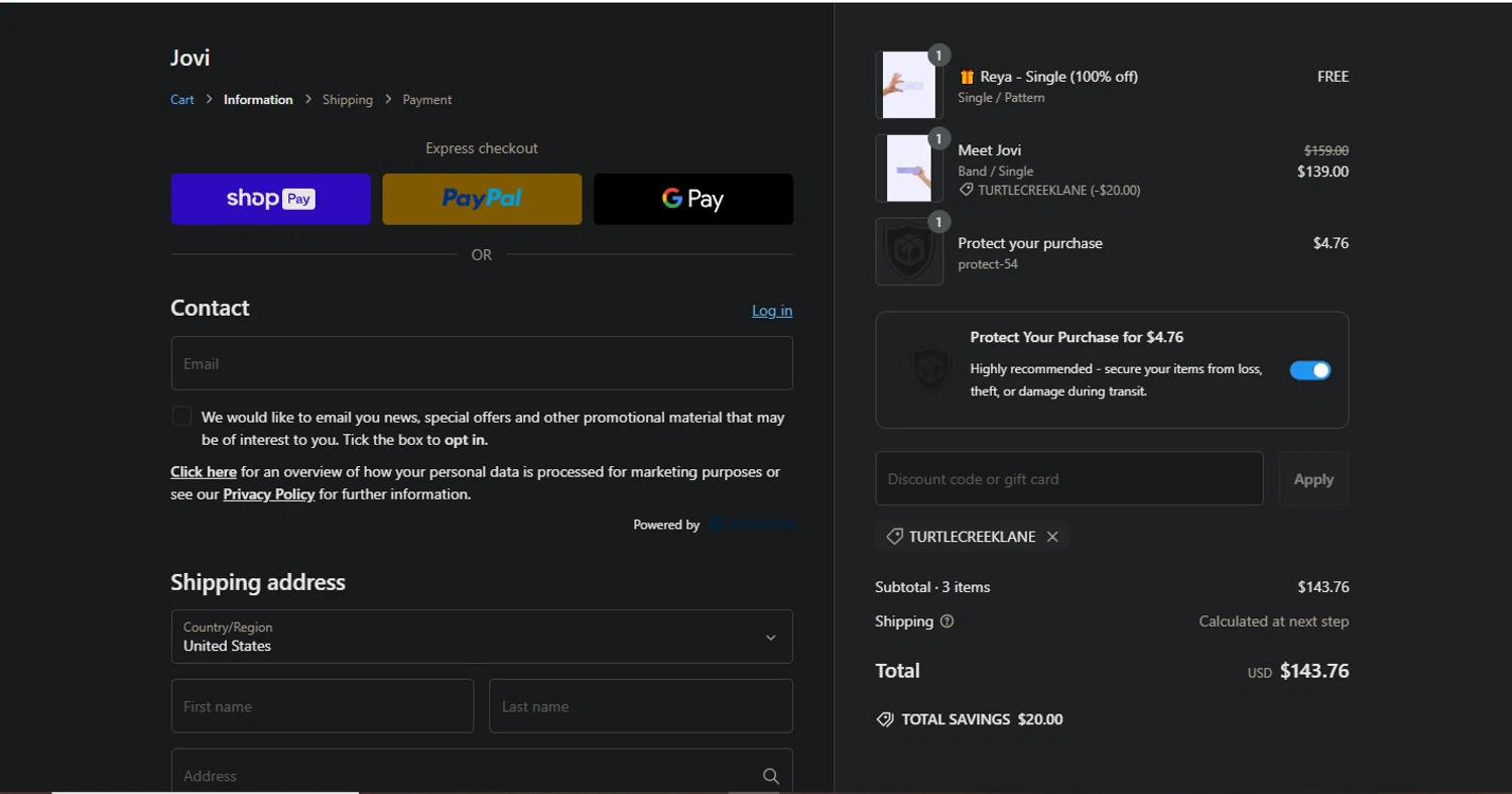 Jovi discount code screenshot showing code TURTLECREEKLANE applied at Jovi checkout page. Uploaded by SimplyCodes community member Pollofrito on Feb 23, 2025