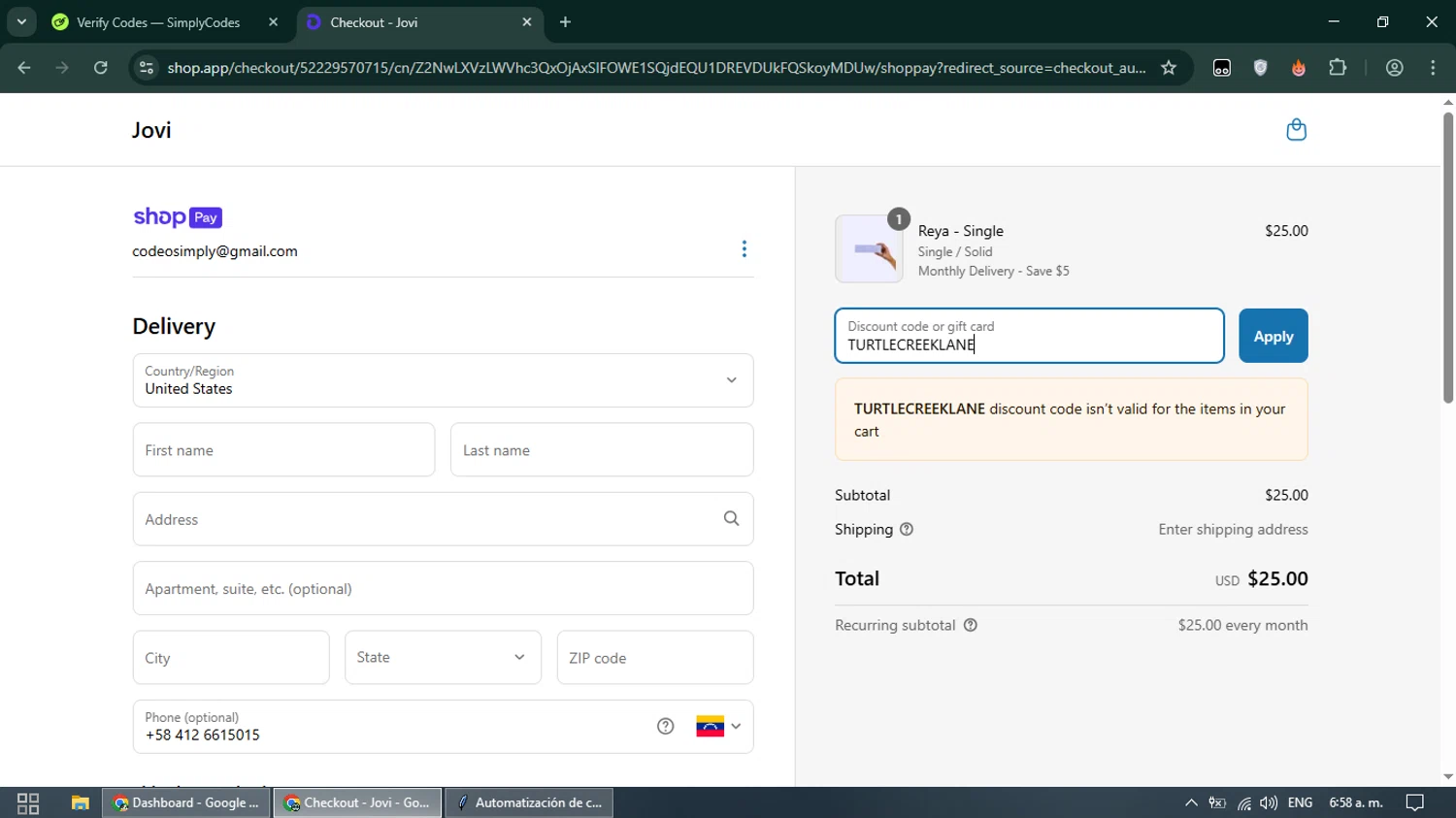 Jovi discount code screenshot showing code TURTLECREEKLANE applied at Jovi checkout page. Uploaded by SimplyCodes community member Irelia on Mar 31, 2025