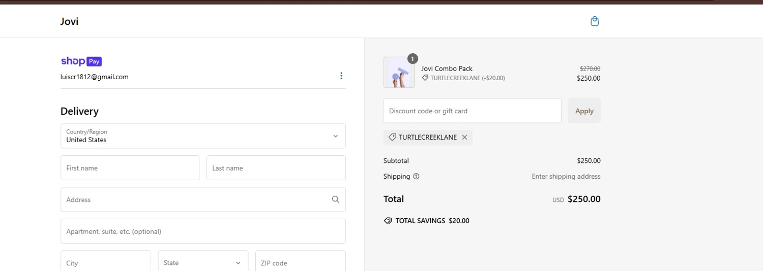 Jovi discount code screenshot showing code TURTLECREEKLANE applied at Jovi checkout page. Uploaded by SimplyCodes community member MoneyVoyager8068 on Jan 25, 2025