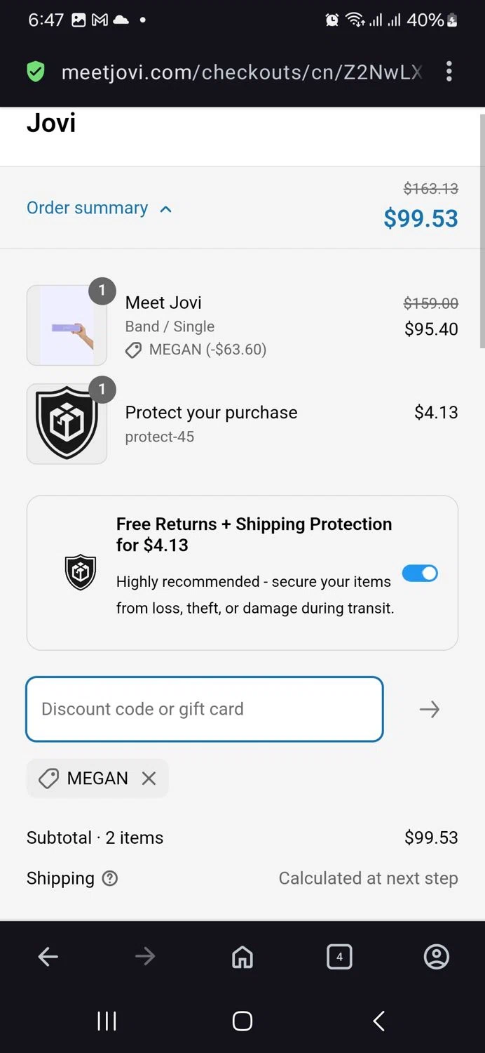 Jovi discount code screenshot showing code Megan applied at Jovi checkout page. Uploaded by SimplyCodes community member vida5254427716958 on Mar 31, 2025