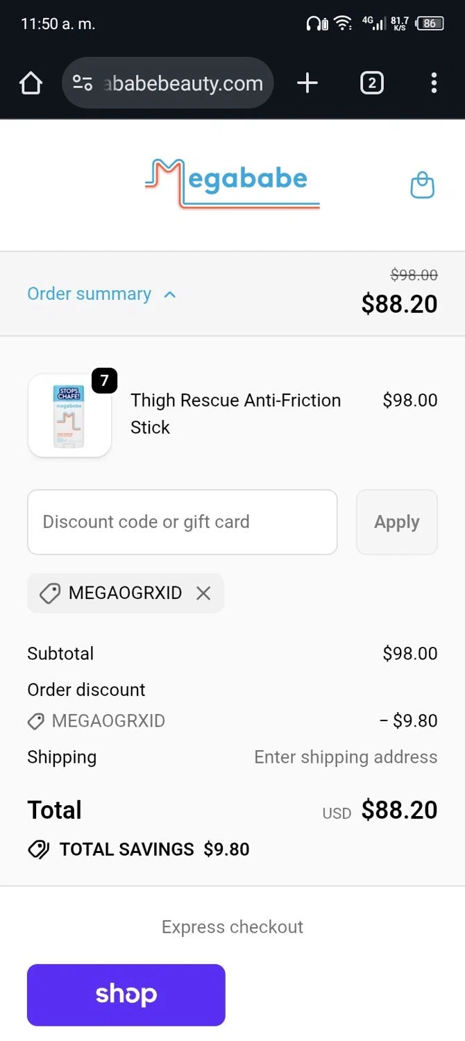 Megababe discount code screenshot showing code MEGAOGRXID applied at Megababe checkout page. Uploaded by SimplyCodes community member Rafita on Oct 10, 2025