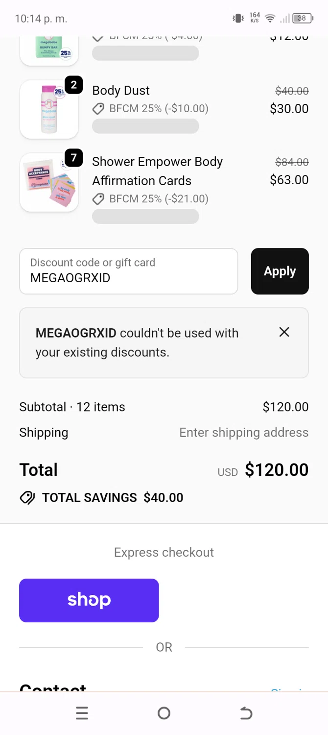 Megababe discount code screenshot showing code MEGAOGRXID applied at Megababe checkout page. Uploaded by SimplyCodes community member Typer19 on Dec 2, 2025