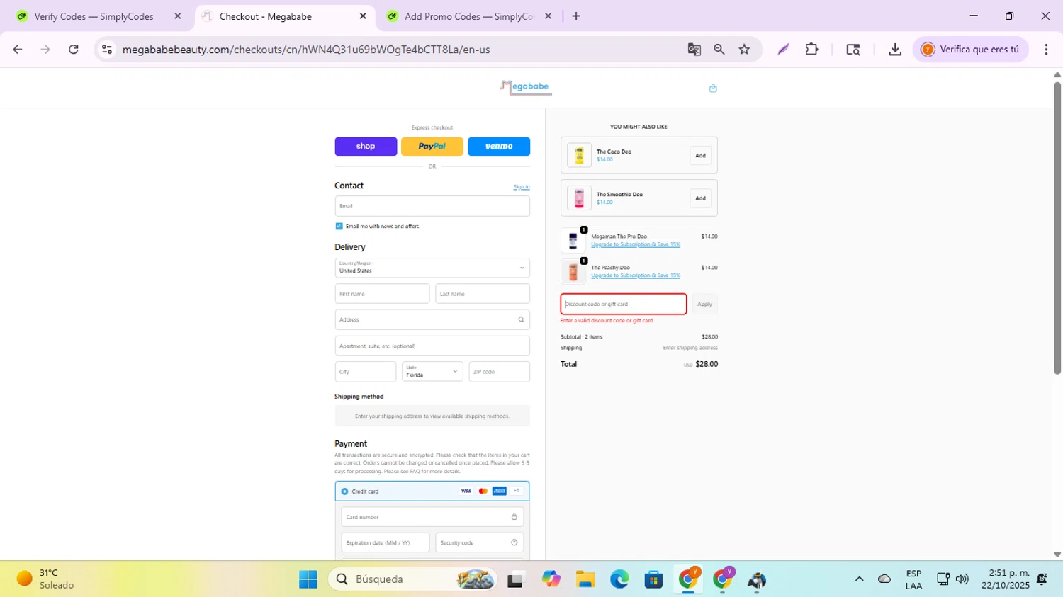 Megababe discount code screenshot showing code EARLYBIRDBABE applied at Megababe checkout page. Uploaded by SimplyCodes community member jesusalvarez1 on Oct 22, 2025