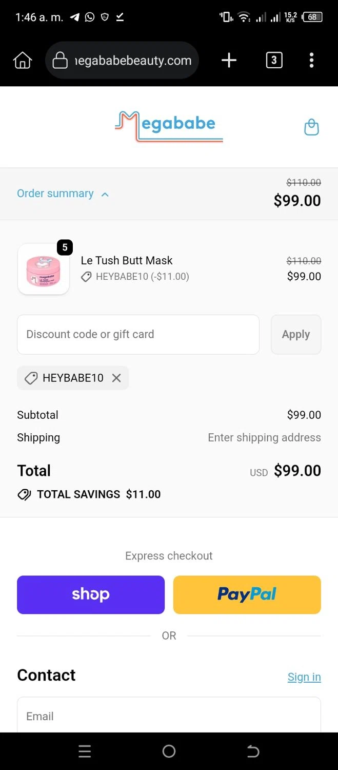 Megababe discount code screenshot showing code HEYBABE10 applied at Megababe checkout page. Uploaded by SimplyCodes community member CleverSleuth6613 on Dec 23, 2025