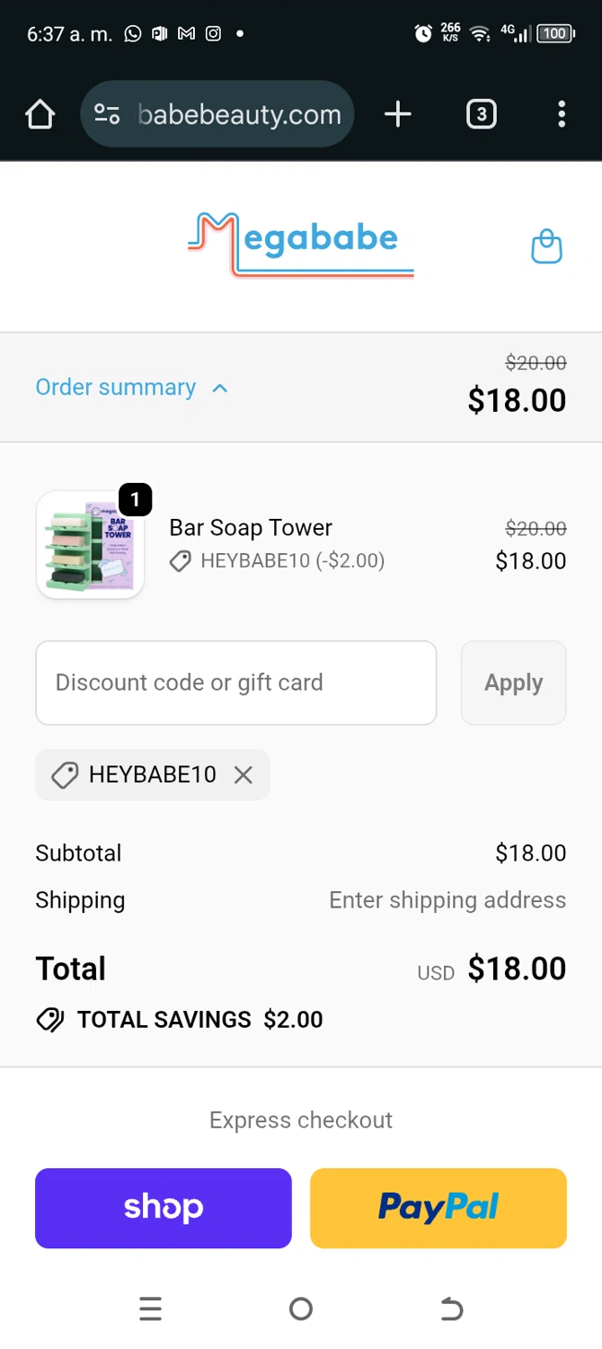Megababe discount code screenshot showing code HEYBABE10 applied at Megababe checkout page. Uploaded by SimplyCodes community member TokenAce5969 on Dec 10, 2025
