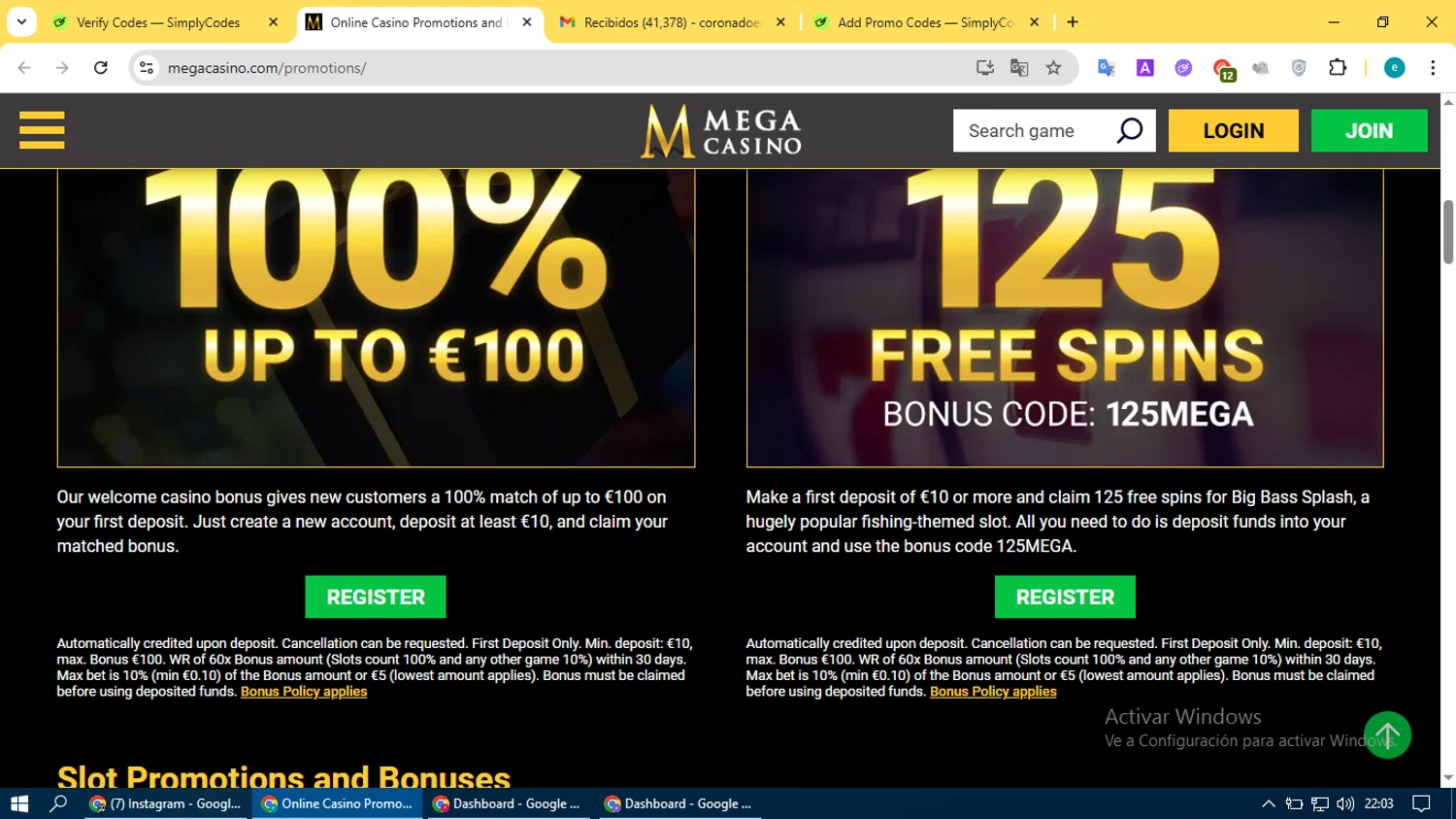 Mega Casino coupon code screenshot showing code 100MEGA applied at Mega Casino checkout page. Uploaded by SimplyCodes community member BonusVoyager4214 on Aug 9, 2025