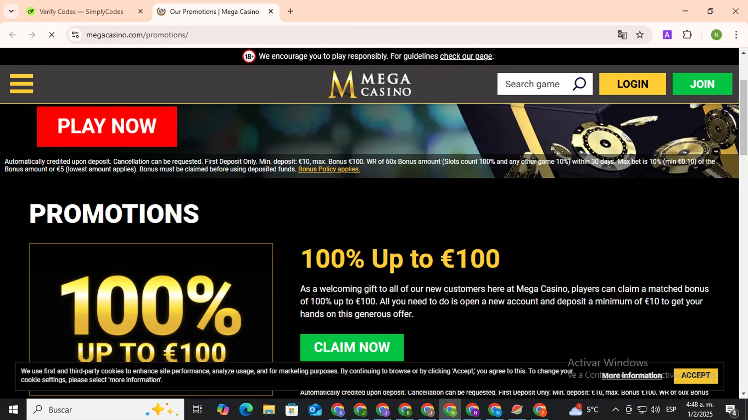 Mega Casino coupon code screenshot showing code 1OOMEGA applied at Mega Casino checkout page. Uploaded by SimplyCodes community member TokenMaverick6956 on Feb 1, 2025