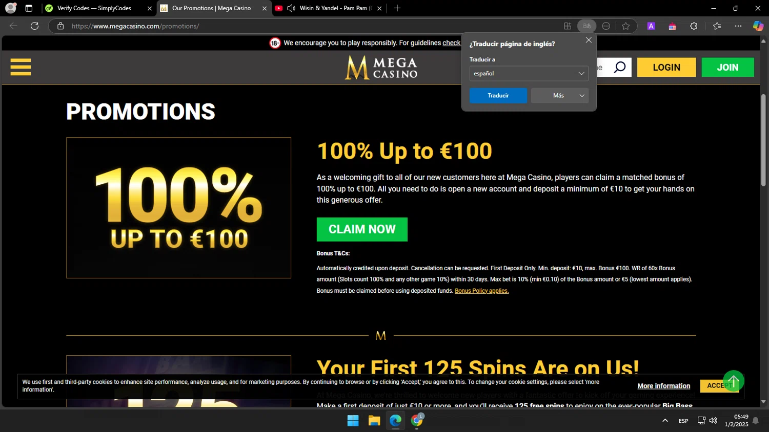 Mega Casino coupon code screenshot showing code 1OOMEGA applied at Mega Casino checkout page. Uploaded by SimplyCodes community member tonikros on Feb 1, 2025