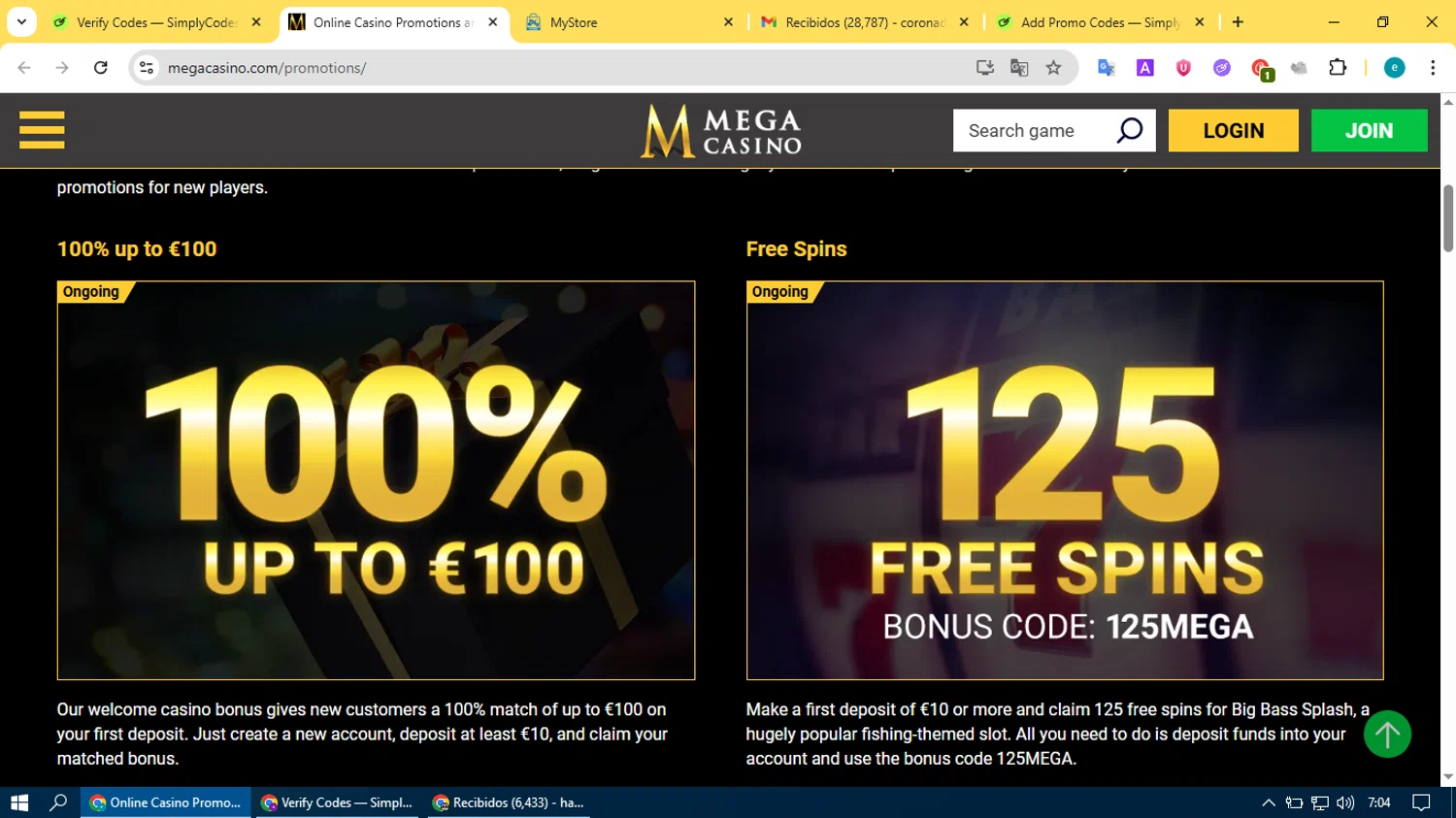 Mega Casino coupon code screenshot showing code 100MEG applied at Mega Casino checkout page. Uploaded by SimplyCodes community member BonusVoyager4214 on Jun 2, 2025