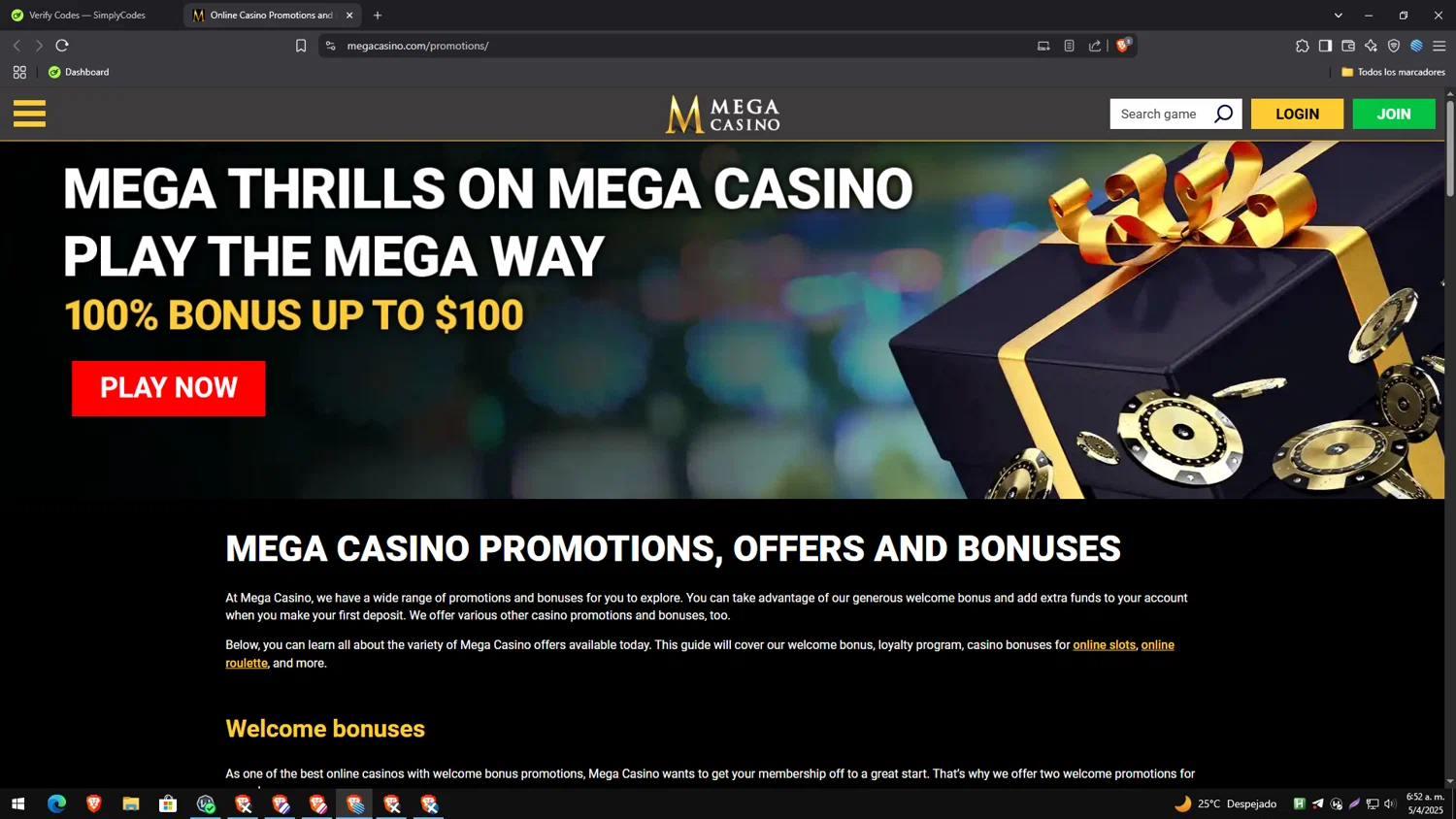 Mega Casino checkout page showing Mega Casino coupon code box | Screenshot taken by SimplyCodes community member on Apr 5, 2025