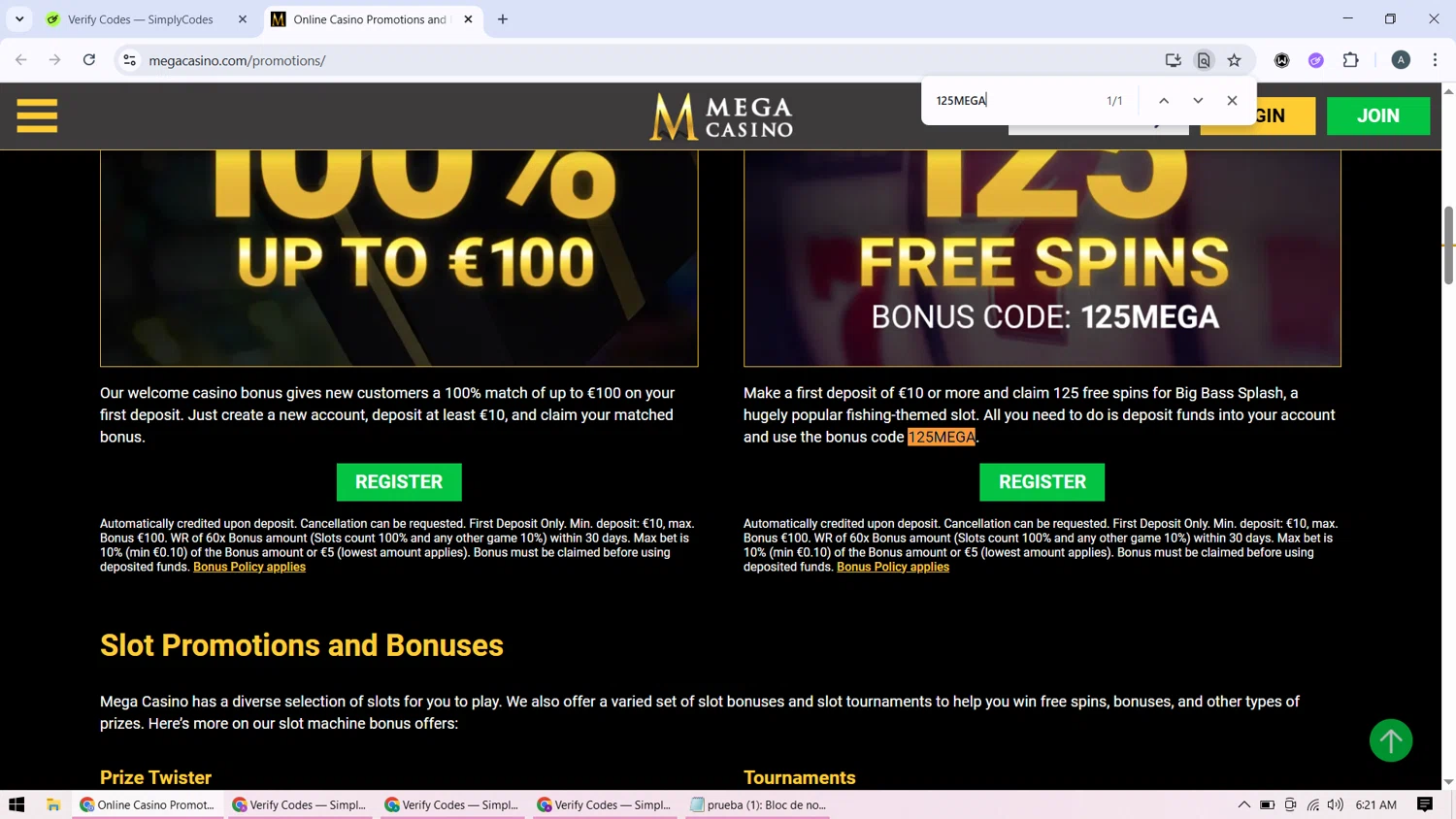 Mega Casino coupon code screenshot showing code 125MEGA applied at Mega Casino checkout page. Uploaded by SimplyCodes community member BonusMonarch7015 on Sep 19, 2025