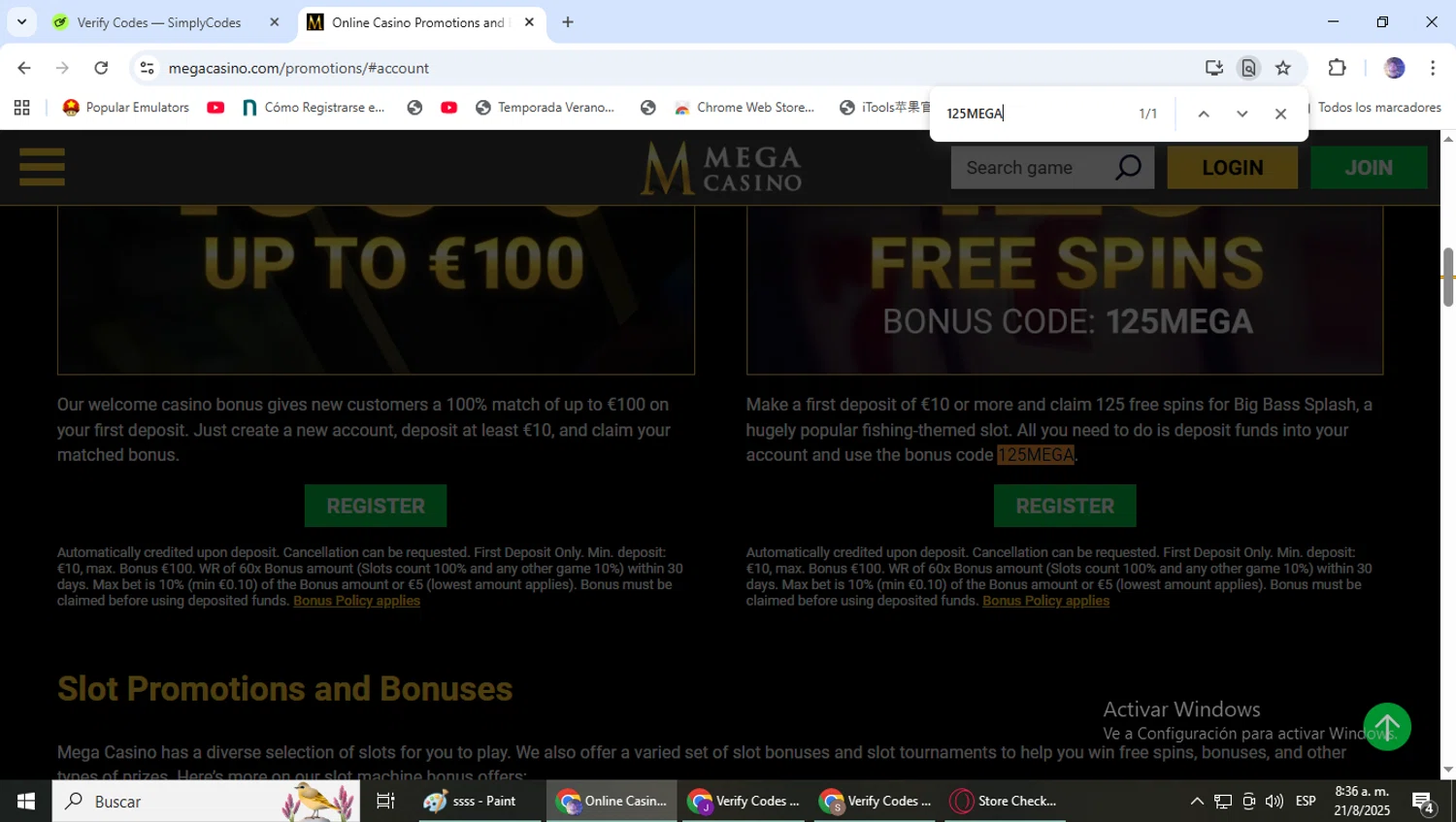 Mega Casino coupon code screenshot showing code 125MEGA applied at Mega Casino checkout page. Uploaded by SimplyCodes community member DealLynx6506 on Aug 21, 2025